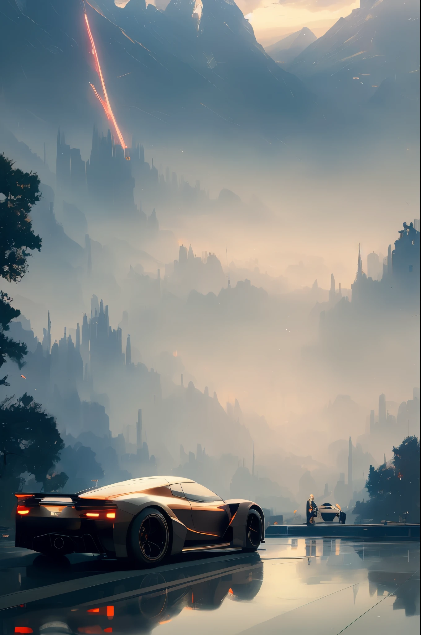 racing， concept art, Smooth, sharp focus, fast sedan，, Artwork by Greg Rutkowski and Alphonse Mucha, 8K