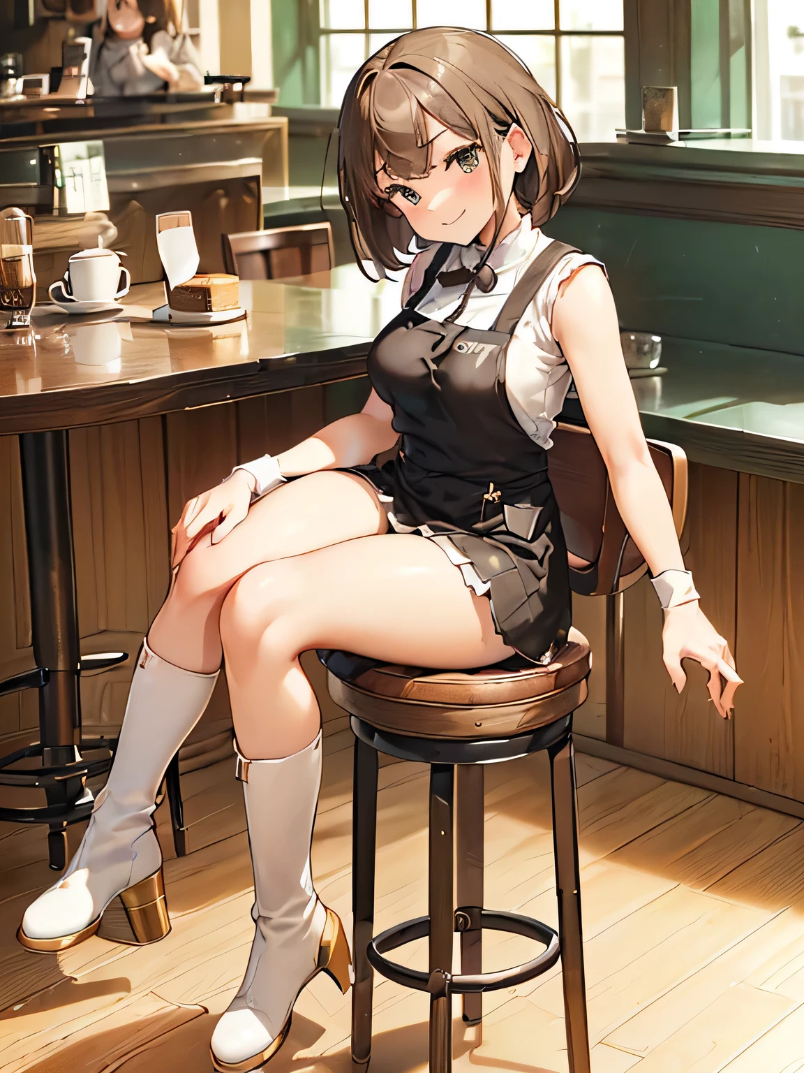 [[cross your legs]]、[[rateethe your legs]]、[[rateethe one leg]]、[[knee high boots]]、[[knee high socks]]、[[pleated skirt]]、
there teeth one woman、
(The woman teeth sitting with her legs out in front of her, しかし彼女の膝teethくっついている.:1.8), (Please show the composition as seen from the front..:1.5)、(両足teeth床にあります:1.8)、
(The woman teeth wearing a white sleeveless knit:1.5)、(スカートteethバックスリットが入ったミニスカートteeth:1.8)、(彼女teeth長く着ています, slim black boots.:1.5)、
パンティーteeth白の派手な柄teeth、
(女性teeth短い茶色の髪をしています:1.5), shining eyes, A provocative grin,
(The place teeth a tall high stool in a cafe.（Counter chair）teeth:1.8)、
highest quality, High resolution, realteethtic pictures, realteethtic skin,