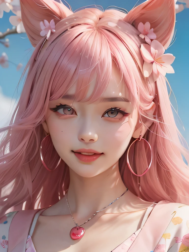 she is the cherry blossom spirit、pink eyes、pink hair、close up of face、pink eyebrows、pink teeth、pink fang、big ears、cherry blossom hair ornament、cherry blossom necklace、Cherry earrings、beautiful clavicle、long straight hair、deep pink eyes、pink kimono showing collarbone、cherry blossom fairy、wing、cherry blossom background、blue sky background、red eyes、Cherry Headband、she is a pink fairy、妖精のwing根、smile、
