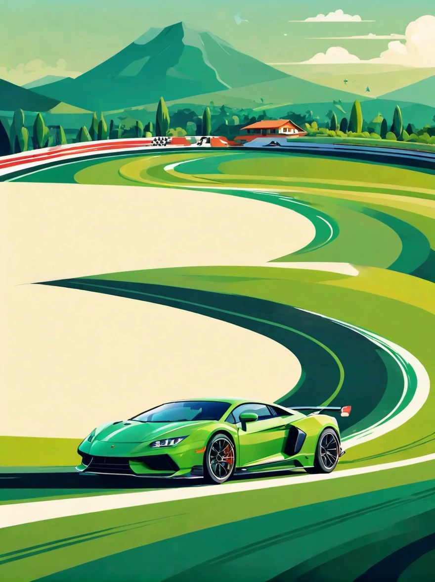((Long shot:1.8)), (masterpiece, best quality:1.2), (Flat vector:1.3),Artistic concept illustration,minimalist style,simple,1 girl,((Racing track with green tones on the head、Hair decorated with racing track and sports car elements,Fantasy illustration of racing car speeding on a curved track,Evoke the allure of captivating racing scenery))