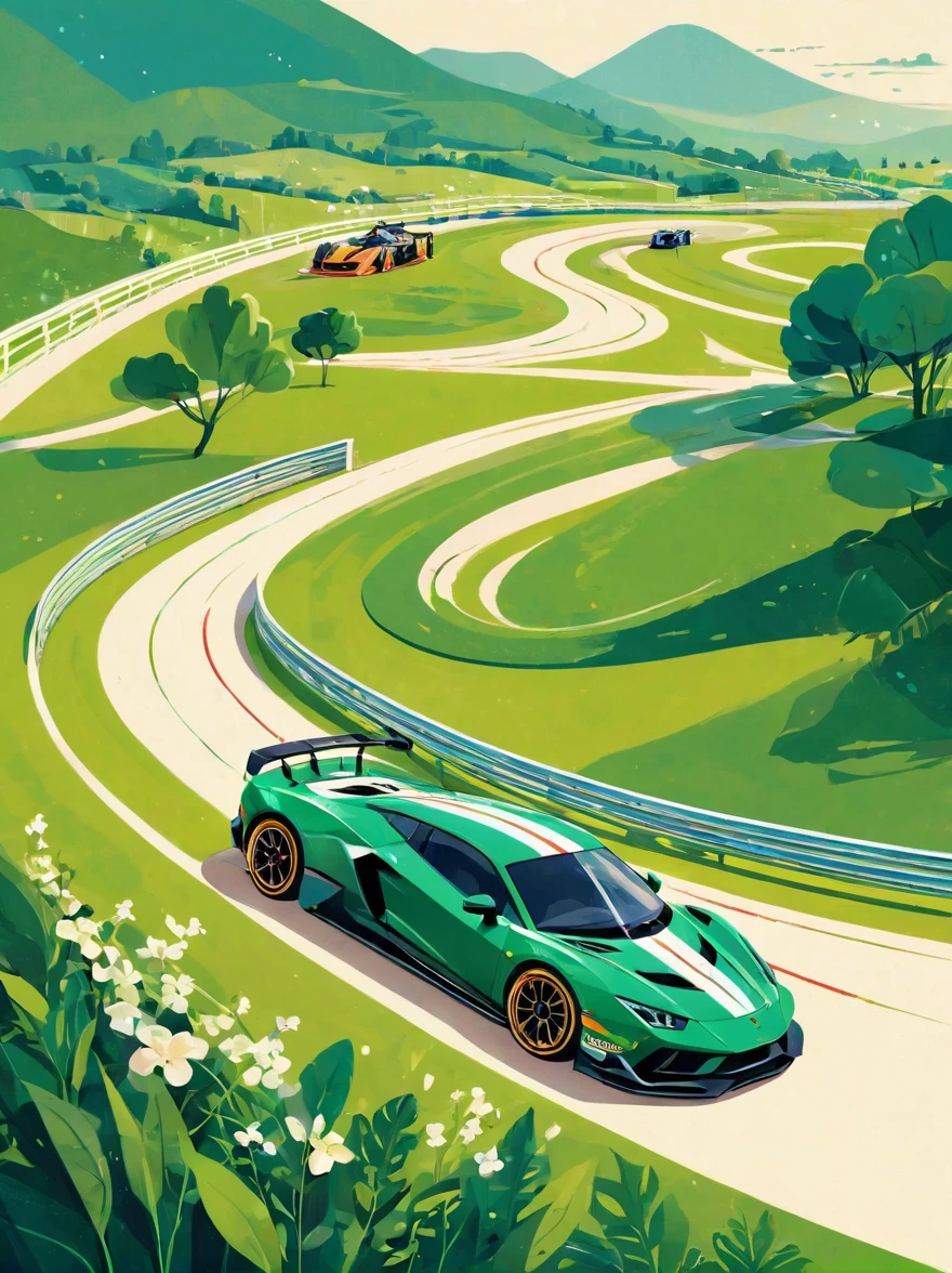 ((Long shot:1.8)), (masterpiece, best quality:1.2), (Flat vector:1.3),Artistic concept illustration,minimalist style,simple,1 girl,((Racing track with green tones on the head、Hair decorated with racing track and sports car elements,Fantasy illustration of racing car speeding on a curved track,Evoke the allure of captivating racing scenery))