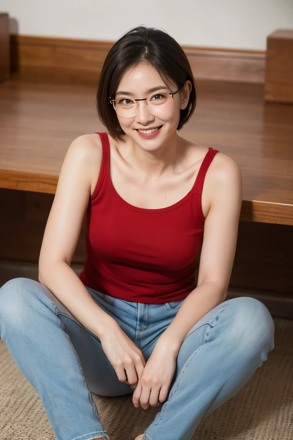 60 year old woman、(((facial wrinkles:1.2)))、beautiful woman、smile、spread legs、cute clothes,wear glasses