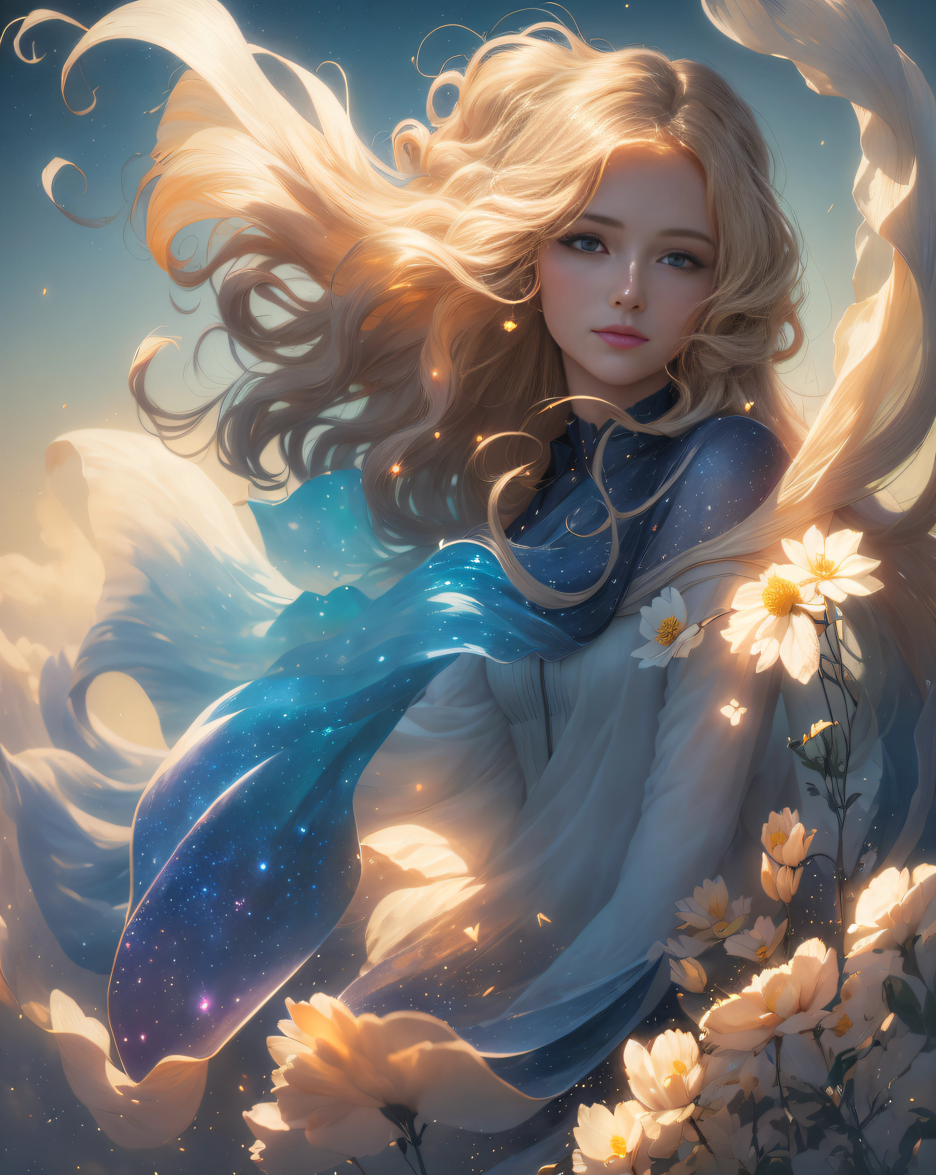 (best quality, masterpiece), young woman,moderate cleavage, pose, particle, wind, flower, upper body, simple background, looking at viewer, blonde, galaxy,backlit,rimlight,beautiful artwork,perfect composition