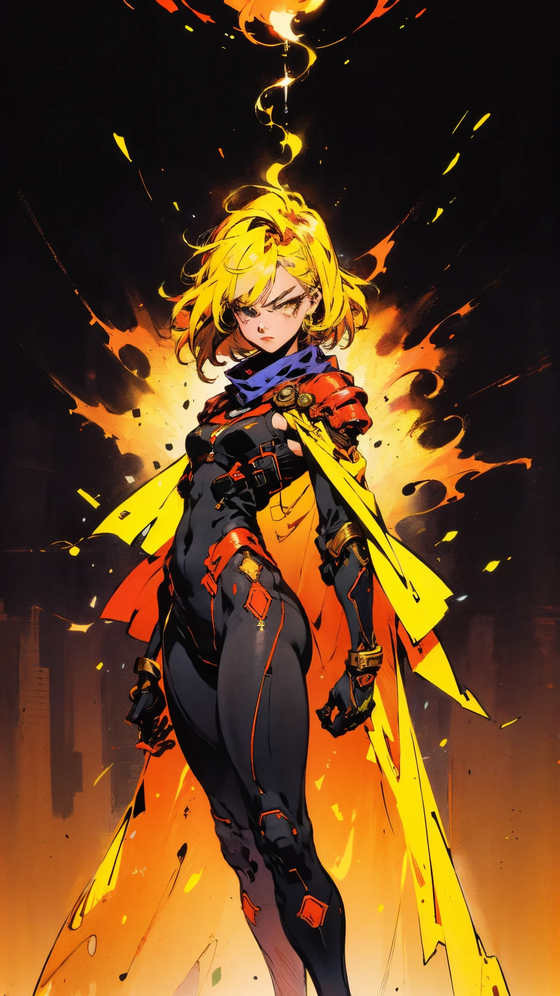 A girl with short brown hair, delicate features, a focused gaze, a determined expression, she has a petite figure akin to a gymnast, adorned with a long flowing cape-like scarf in red and yellow hues, a fantasy-realism-style gymnastics leotard with a long hemline attached, paired with matching leggings, ((black as the main color, complemented by red and yellow accents)), (she poised on a vast stage enveloped in mystery, she emitting a sacred glow in the dim environment), this character embodies a finely crafted fantasy-realism-style dancer in anime style, exquisite and mature manga art style, perfect body, porcelain skin, high definition, best quality, highres, ultra-detailed, ultra-fine painting, extremely delicate, professional, anatomically correct, symmetrical face, extremely detailed eyes and face, high quality eyes, creativity, RAW photo, UHD, 32k, Natural light, cinematic, masterpiece-anatomy-perfect, masterpiece:1.5
