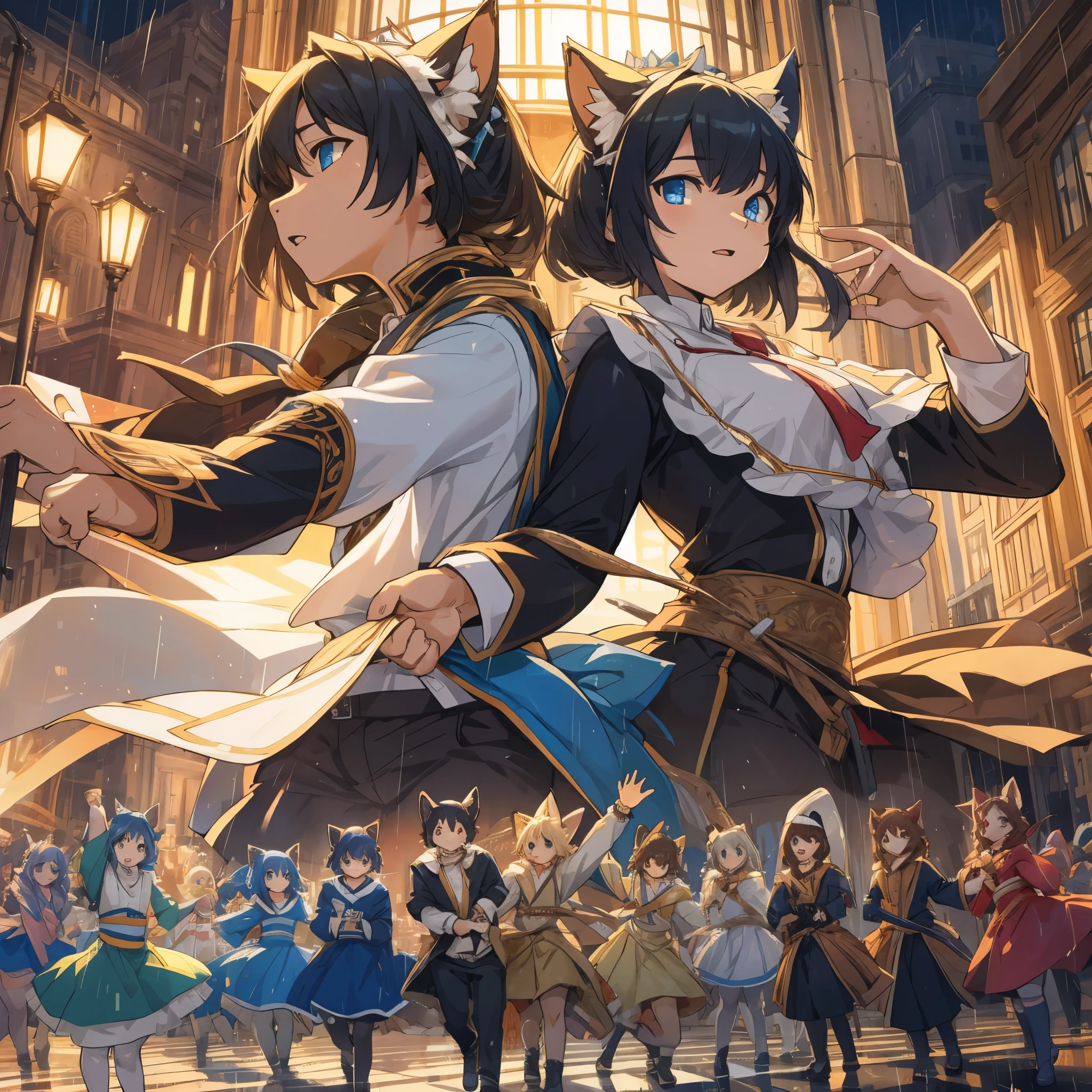 top quality, best quality, High-quality illustrations, masterpiece, super high resolution, detailed background, ballet, Singin' in the Rain, show, 6+boys, 6+girls, absurdres(highly detailed beautiful face and eyes)perfect anatomy, expression, good lighting, cinematic shadow(kemono, furry anthro)assorted poses(sound effects, motion blur),