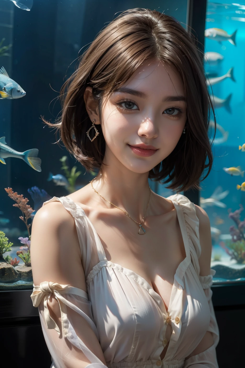 a beautiful young woman with short brown hair, beautiful detailed eyes, beautiful detailed lips, extremely detailed face and eyes, long eyelashes, sexy face, charming smile, looking at viewer, off shoulder sweter,jeans, giant aquarium with sharks, rays and sea bream swimming, best quality, 8k, high resolution, ultra-detailed, finely detailed, perfect dynamic composition, masterpiece, photorealistic, intricate details, cinematic lighting, vibrant colors