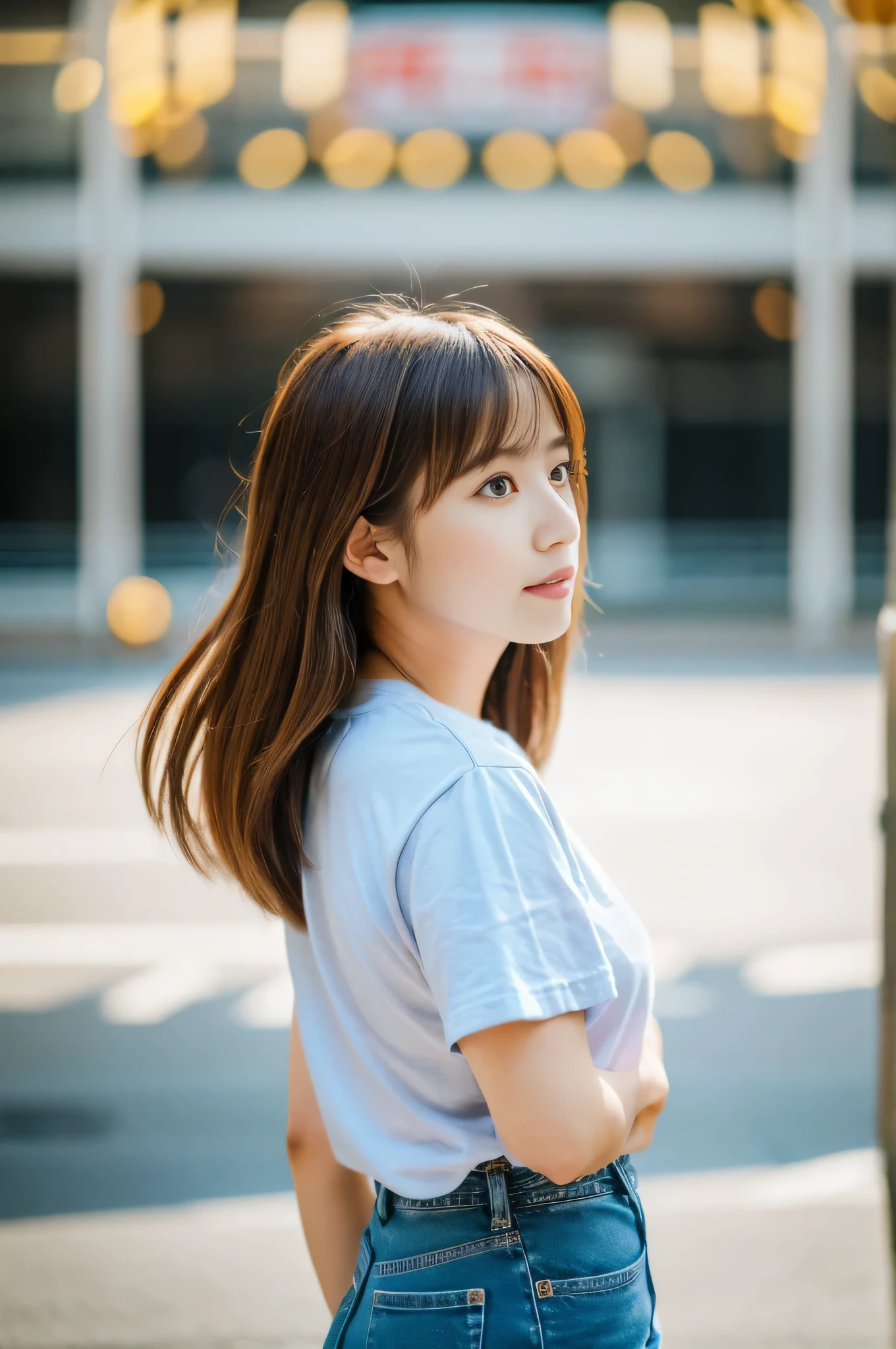 highest quality,masterpiece,32k,Depth of the bounds written、blur background、50mm,F1.4,professional lighting,cinematic lighting,profile,thin,きれいなDay本人女性,25 year old girl,Are standing,city,Wind,Day,bowl cut,light brown hair,T-shirt,jeans,shy,