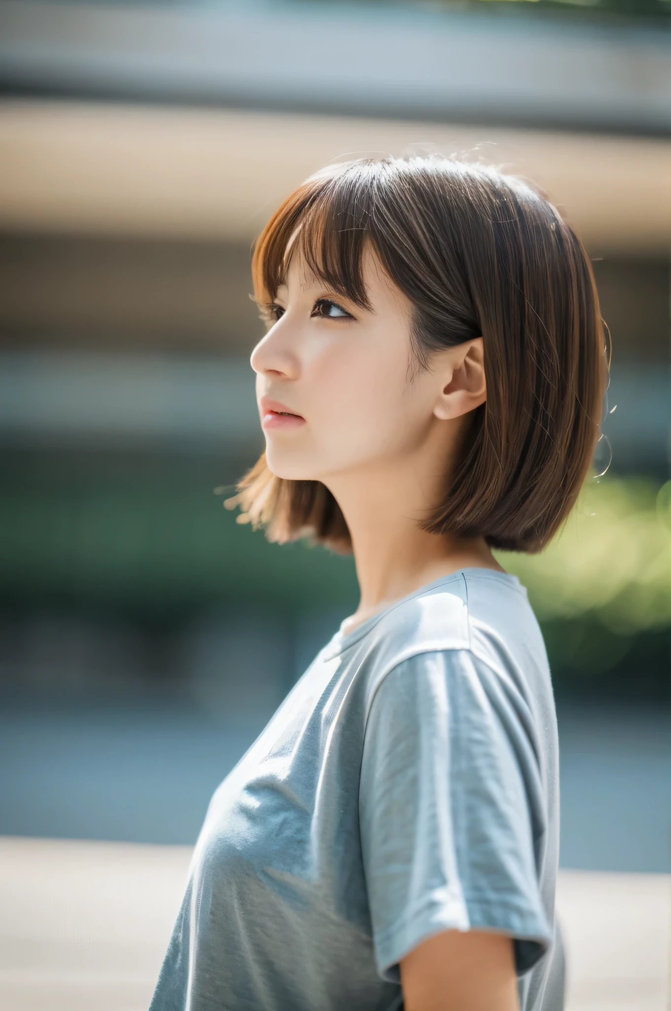 highest quality,masterpiece,32k,Depth of the bounds written、blur background、50mm,F1.4,professional lighting,cinematic lighting,profile,thin,きれいなDay本人女性,25 year old girl,Are standing,city,Wind,Day,bowl cut,light brown hair,T-shirt,jeans,shy,