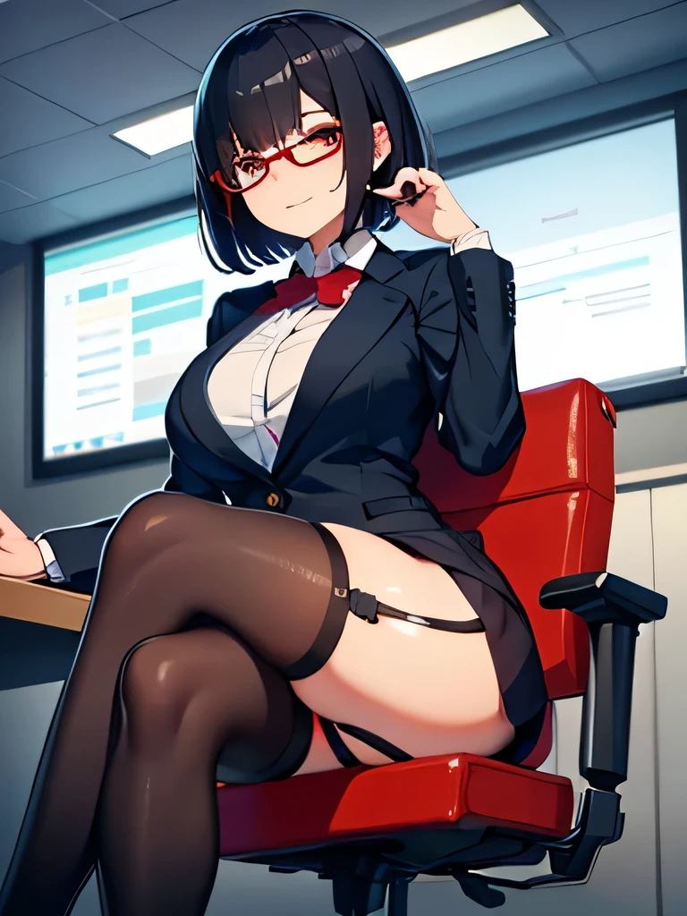 whole body,
girl,
black hair,
short hair,
dull bangs,
red eyes,
big breasts,
Front view,
from below,
evil smile,
red glasses,
office lady,
blouse,
suit jacket,
mini pencil skirt,
garter belt,
knitting tights,
high heels,
side slit,
night,
office,
sit cross-legged at a computer desk,