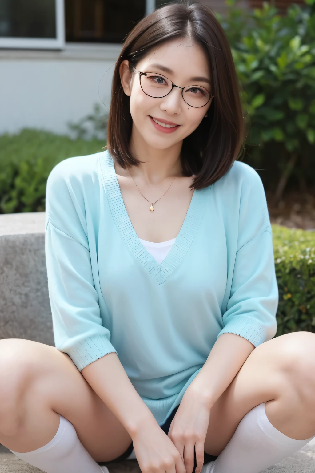 60 year old woman、(((facial wrinkles:1.2)))、beautiful woman、smile、spread legs、cute clothes,wear glasses