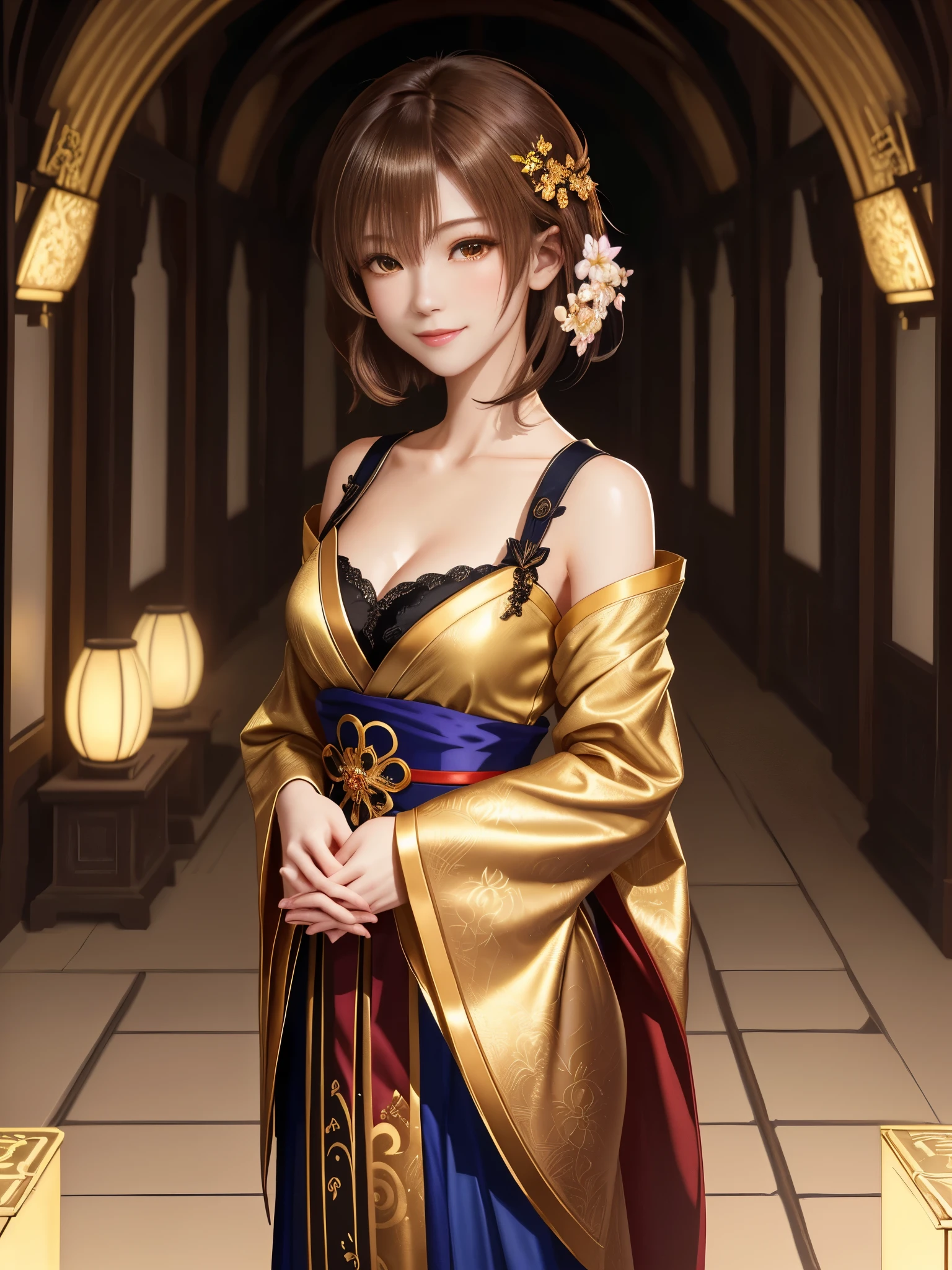 masterpiece , best quality,smile,smile,small face,shoulder exposure,golden kimono,less cleavage exposure,light brown hair,beautifully curled hair,slender body shape,brown eyes,Contrast faithfully reproduced,short hair,Beautiful short hair,Berry Short,short cut hair,just one person,precision quality,A faithful reproduction of the human eye, The surroundings are shining gold,golden aura around the body,golden shining background,masterpiece,night,nightの背景,golden background,cherry blossom background,beautiful details, colorful, delicate details, delicate lips, intricate details, genuine, ultrargenuineista, 枝に座っている色とりどりの髪のFoxを持つ女の子:Mature, bright eyes, ,色とりどりのFox, raposa de nine tails, 三尾Fox, 三尾Fox, onmyoji detail art, beautiful fine art illustration, mythical creatures, Fox, beautiful digital art,shrine maiden,hold hands,exquisite digital illustration, mizutsune, Inspired by mythical wild web creatures, pixiv in digital art, shining light, high contrast, Mysterious,