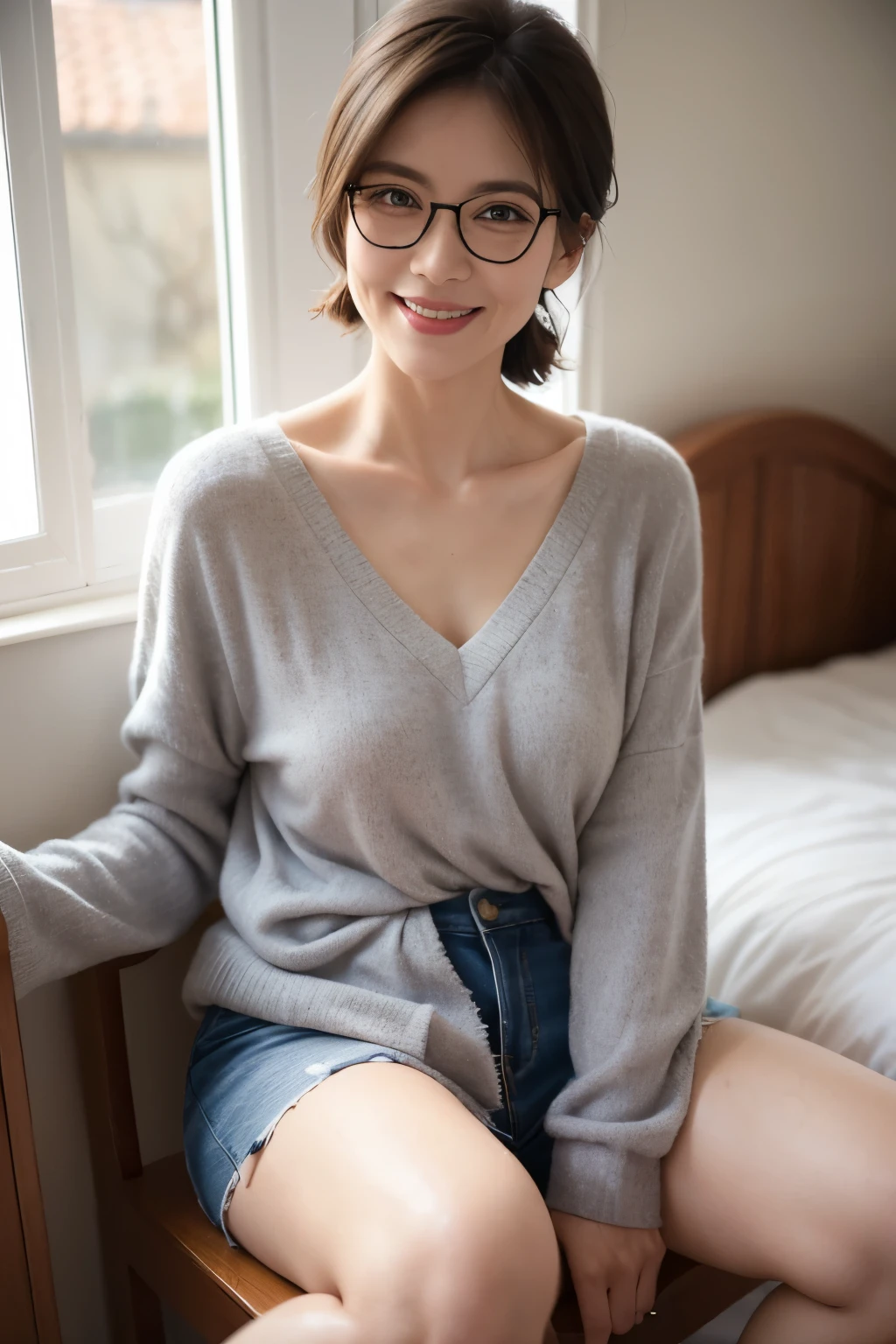 60 year old woman、(((facial wrinkles:1.2)))、beautiful woman、smile、spread legs、cute clothes,wear glasses