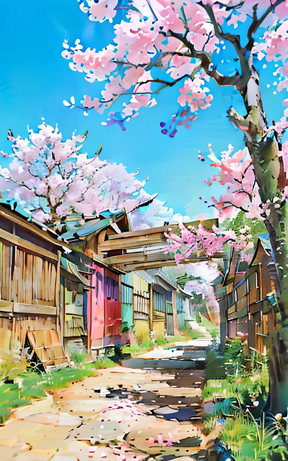 Cherry blossom bridge, very wide view shot, Studio Ghibli Film by Hayao Miyazaki