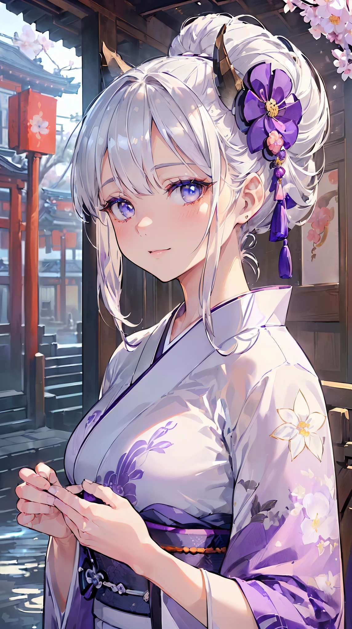 (((masterpiece))), (((highest quality))), ((ultra-detailed)), ((super fine illustration)), ((ultra-fine painting)), (16K highest quality wallpaper:1.4), (upper body:1.6), HDR, (Highly detailed and delicate illustration style:1.8), detailed skin texture, detailed cloth texture, extreme detailed description, (T-masterpiece), (Highly detailed face:1.2), (highly detailed silver fox ears:1.2), (highly detailed silver half updo:1.2), (highly detailed beautiful eyes:1.2), (highly detailed silver nine tails:1.2), Original, RAW photo, Professional, intricate details, super details, direct light:1.6, (Perfect anatomy:1.4), (highly detailed hands:1.2), (highly detailed fingers:1.2), (highly detailed fingertips:1.2), (27-years-old), real, (solo:1.6), (A very beautiful and attractive silver fox fashion model wearing a bright purple kimono with a flower pattern:1.4) BRAKE (beautiful and adorable silver fox ears:1.6), (highly detailed and delicate silver fox ears:1.2), (beautiful and adorable silver fox nine tails:1.2), (highly detailed and delicate silver fox nine tails:1.2), (beautiful and well-shaped big breasts:1.2), (beautiful and well-shaped buttocks), (beautiful and shiny silver half updo:1.6), (highly detailed and delicate silver half updo:1.2), (beautiful clear blue eyes that shine with great detail:1.6), (highly detailed and delicate blue eyes:1.2), (Highly detailed face:1.4), (smile:1.3), (blush:1.2), (looking at viewer:1.4) BRAKE ((Bright purple:1.3) kimono with flower pattern:1.4), (Japanese traditional costume:1.2) BRAKE (Highly detailed and beautiful streets of Japan's famous hot spring town just after noon in spring in the background:1.6), Highly beautiful in the sunny sky background just after noon:1.4 BRAKE