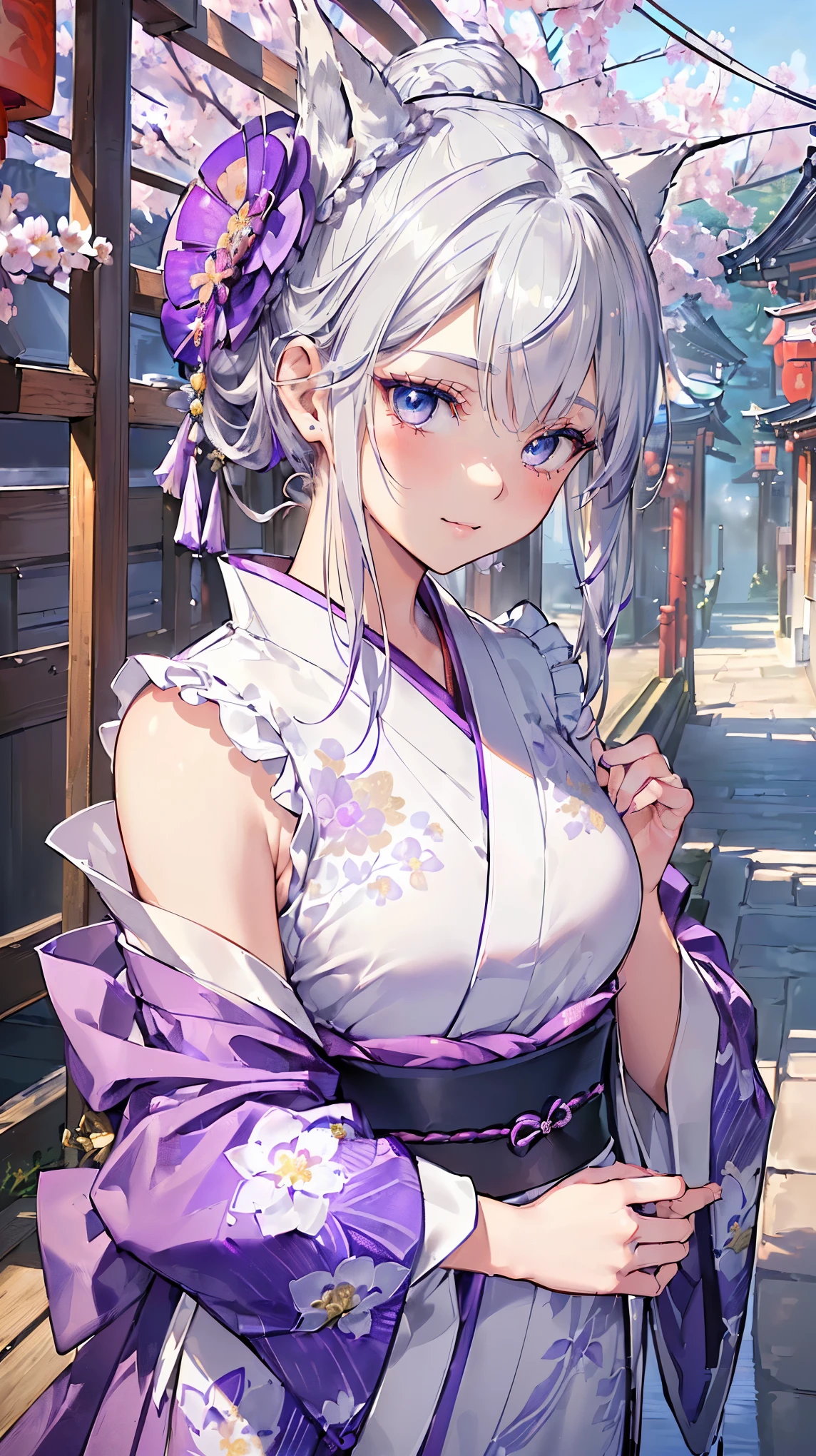 (((masterpiece))), (((highest quality))), ((ultra-detailed)), ((super fine illustration)), ((ultra-fine painting)), (16K highest quality wallpaper:1.4), (upper body:1.6), HDR, (Highly detailed and delicate illustration style:1.8), detailed skin texture, detailed cloth texture, extreme detailed description, (T-masterpiece), (Highly detailed face:1.2), (highly detailed silver fox ears:1.2), (highly detailed silver half updo:1.2), (highly detailed beautiful eyes:1.2), (highly detailed silver nine tails:1.2), Original, RAW photo, Professional, intricate details, super details, direct light:1.6, (Perfect anatomy:1.4), (highly detailed hands:1.2), (highly detailed fingers:1.2), (highly detailed fingertips:1.2), (27-years-old), real, (solo:1.6), (A very beautiful and attractive silver fox fashion model wearing a bright purple kimono with a flower pattern:1.4) BRAKE (beautiful and adorable silver fox ears:1.6), (highly detailed and delicate silver fox ears:1.2), (beautiful and adorable silver fox nine tails:1.2), (highly detailed and delicate silver fox nine tails:1.2), (beautiful and well-shaped big breasts:1.2), (beautiful and well-shaped buttocks), (beautiful and shiny silver half updo:1.6), (highly detailed and delicate silver half updo:1.2), (beautiful clear blue eyes that shine with great detail:1.6), (highly detailed and delicate blue eyes:1.2), (Highly detailed face:1.4), (smile:1.3), (blush:1.2), (looking at viewer:1.4) BRAKE ((Bright purple:1.3) kimono with flower pattern:1.4), (Japanese traditional costume:1.2) BRAKE (Highly detailed and beautiful streets of Japan's famous hot spring town just after noon in spring in the background:1.6), Highly beautiful in the sunny sky background just after noon:1.4 BRAKE