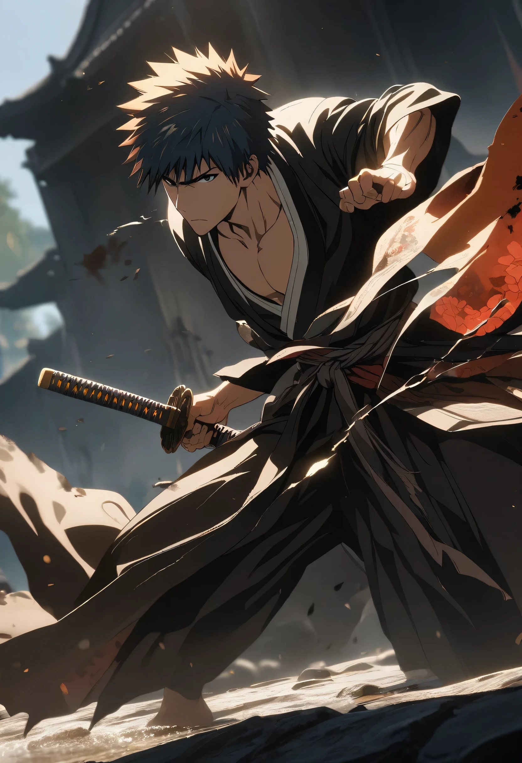 1man, male focus, kurosaki ichigo, dark kimono, black katana, standing high up on a rock, fighting stance, cowboy shot ((centered)), outdoors, sunshine, very aesthetic, illustration, perfect composition, intricate details BREAK portrait,traditional art style,warrior,young man,handsome expression,powerful gaze,determined eyes,intense lighting,blurry background,dynamic movement,dramatic atmosphere,crimson flowers in foreground,black-haired,bold strokes,ink splatters,contrast and shadows,fierce and powerful,highly detailed katana,flowing kimono,wind blowing through his hair,exquisite details on his clothes and accessories,strong and confident posture,heroic and epic scene. BREAK (8k, RAW photo, best quality, masterpiece:1.2, masterpiec8K.HDR. highresabsurdres:1.2, film grain, blurrybokeh:1.2, lens flare, (delicate))