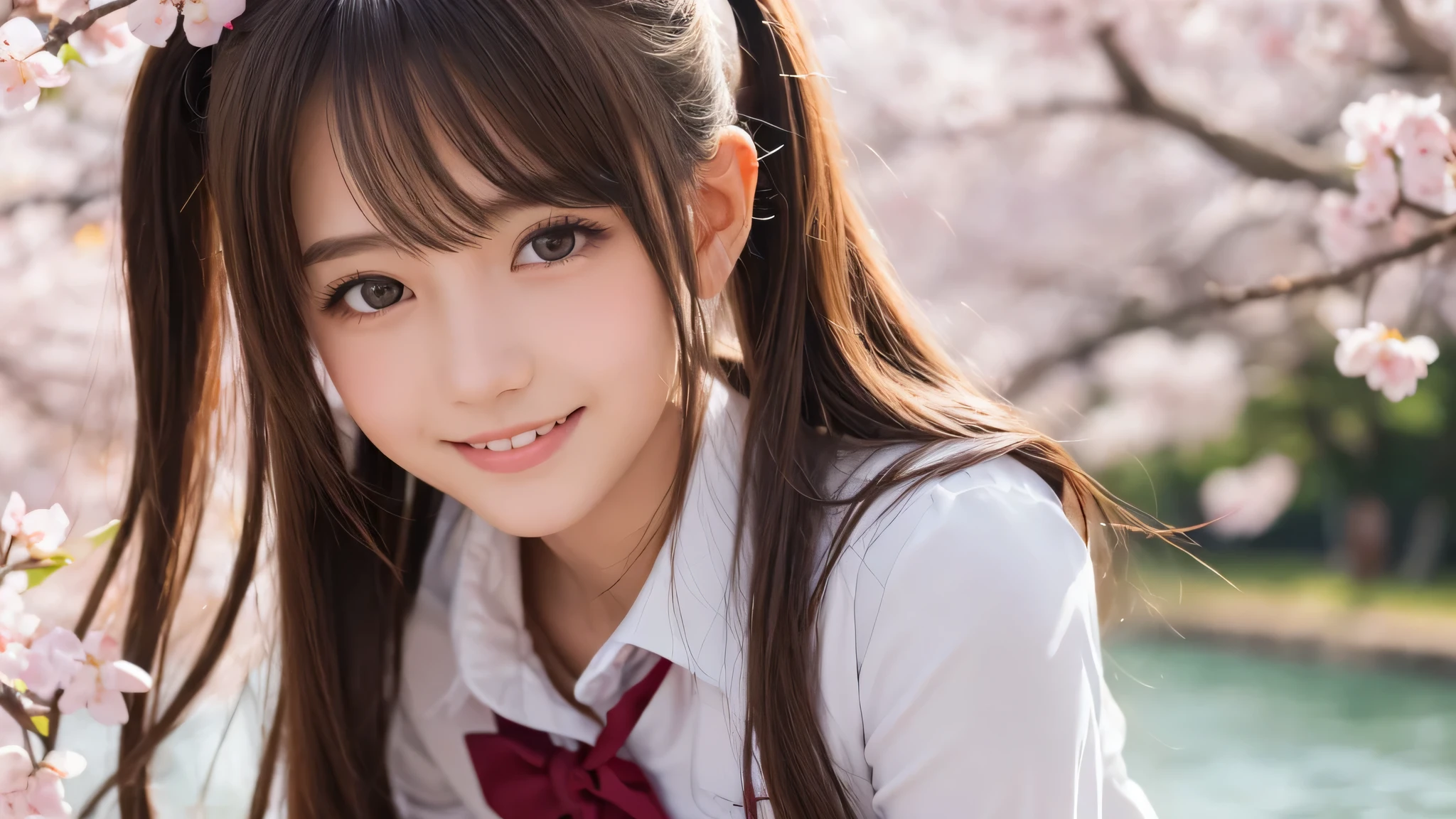 (1 girl), (big round eyes), cute smile, brown eyes, twin tails, (high school uniform:1.2), (highest quality: 1.4), (Super detailed), (highest quality:1.4), (Super detailed), evening, very high resolution, (Upper body), close up face, school anime, anime illustration, Cherry tree, (garden, River side), Hair fluttering in the spring breeze,