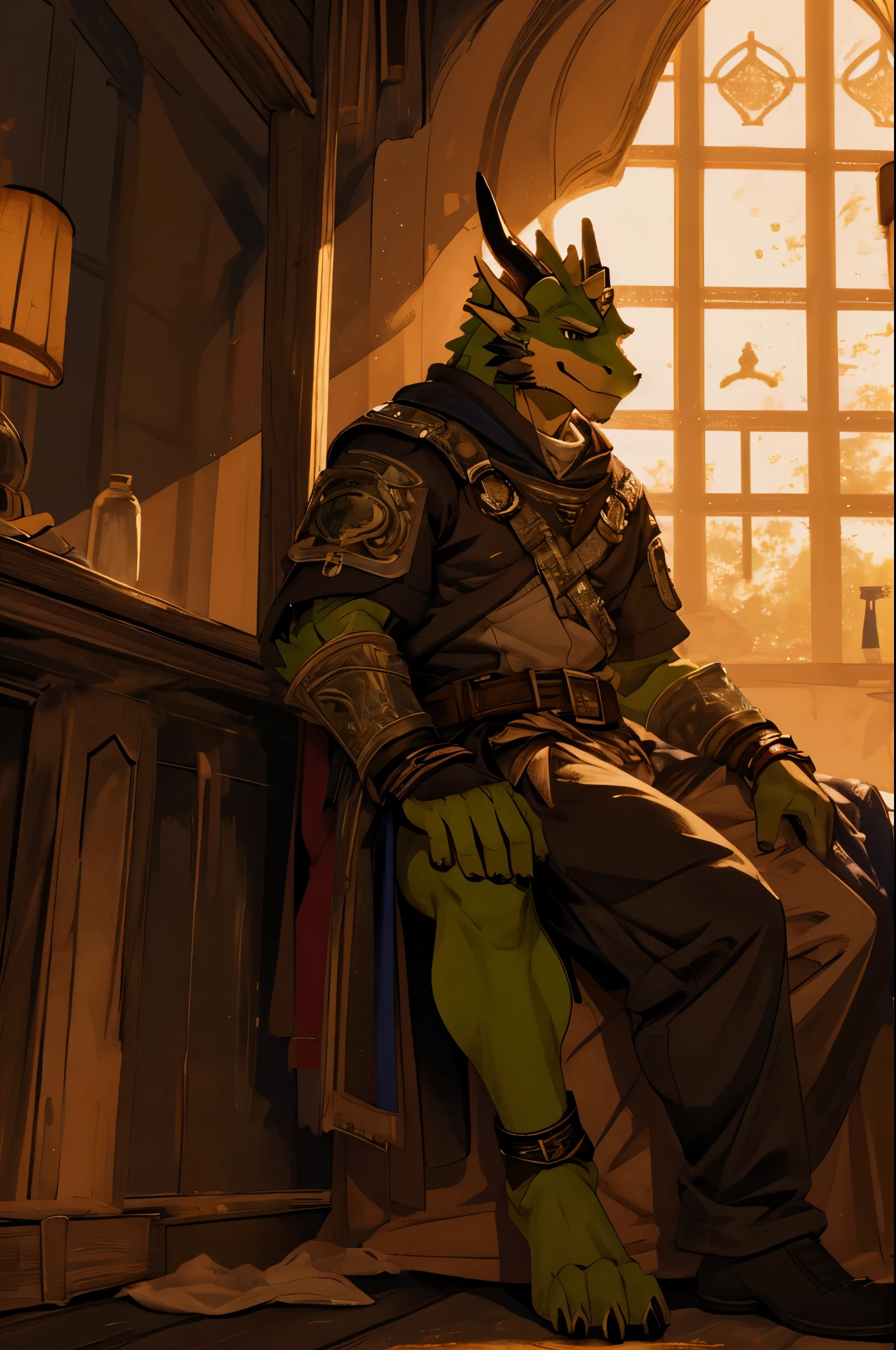 (masterpiece, 4K, ultra detailed)massive green dragon, tight medieval clothing, welcoming smile, Sitting on the bed, legs spread, cinematic lighting,