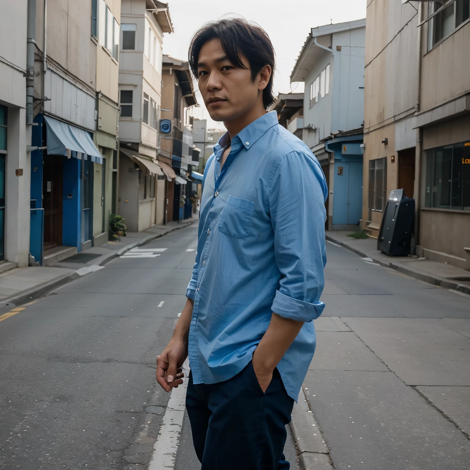 Satoru gojo walking on a street with a blue shirt