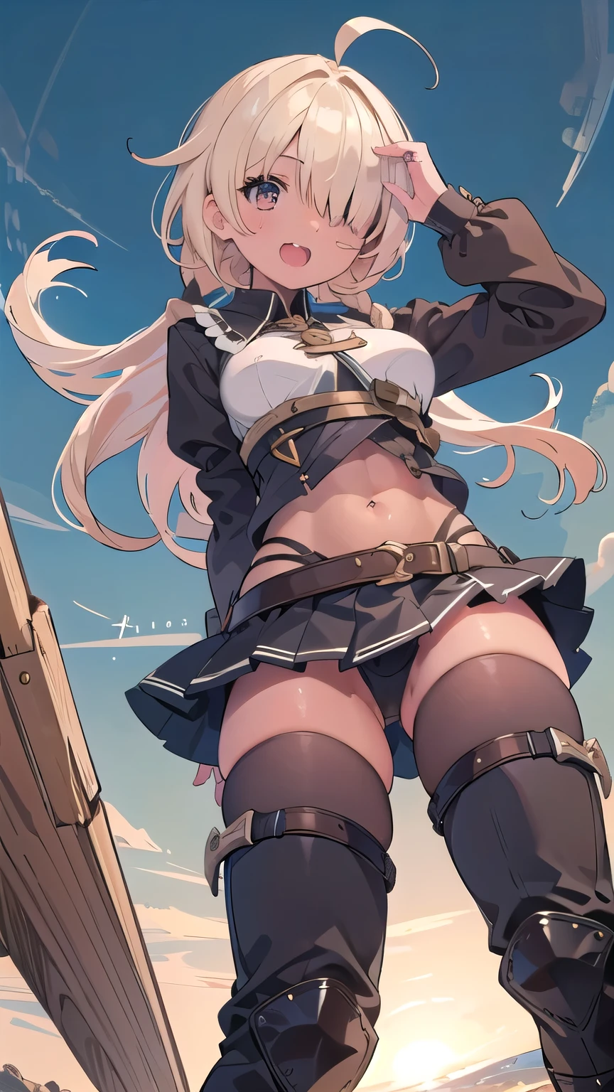 (masterpiece:1.2), (highest quality:1.2), perfect eyes, perfect face, perfect lighting, middle ages, sandy beach, 1 boy,blonde red eye, ((((((hair over one eye)))))), Braid Styles, spiked hair, blunt bangs, bob hair, a braid, Ahoge, cute eyes, medium breast, glaring, open mouth, ((from above)), ((front)), ((from below)), arms behind back, orgasm, scared, , abs, ahegao, smile+happy, fang, (((brown skin))), Thighhighs, greaves, boots, big breasts, dynamic pose