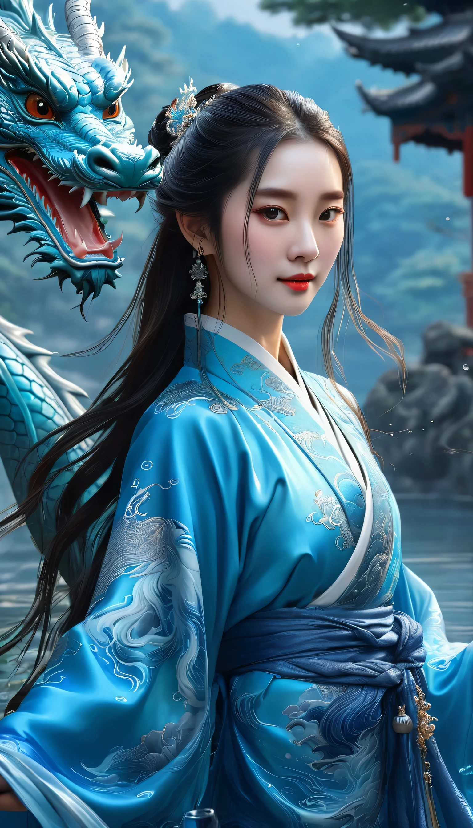 masterpiece, highest quality, realistic, realistic, The painting depicts a woman standing next to a dragon... The whole painting adopts cute and realistic portraits (Cute realistic portrait in style) ,Eye of the Water Spirit. Cute with length flowing hair (cute:2). The whole painting shows excellent realistic detail, track light and shadow, Rich details, Close-up of a woman in Han Chinese costume holding a dragon, chinese dragon, Portrait of the Dragon Woman, A cloth robe inspired by a dragon, chinese girl, length flowing hair, dragon girl, Background Dragon, Drank, hanging ornament, chinese fantasy,in blue style:1.5,water element style,lake,length,god,aura,Sparkling,royal,royalty,god秘的