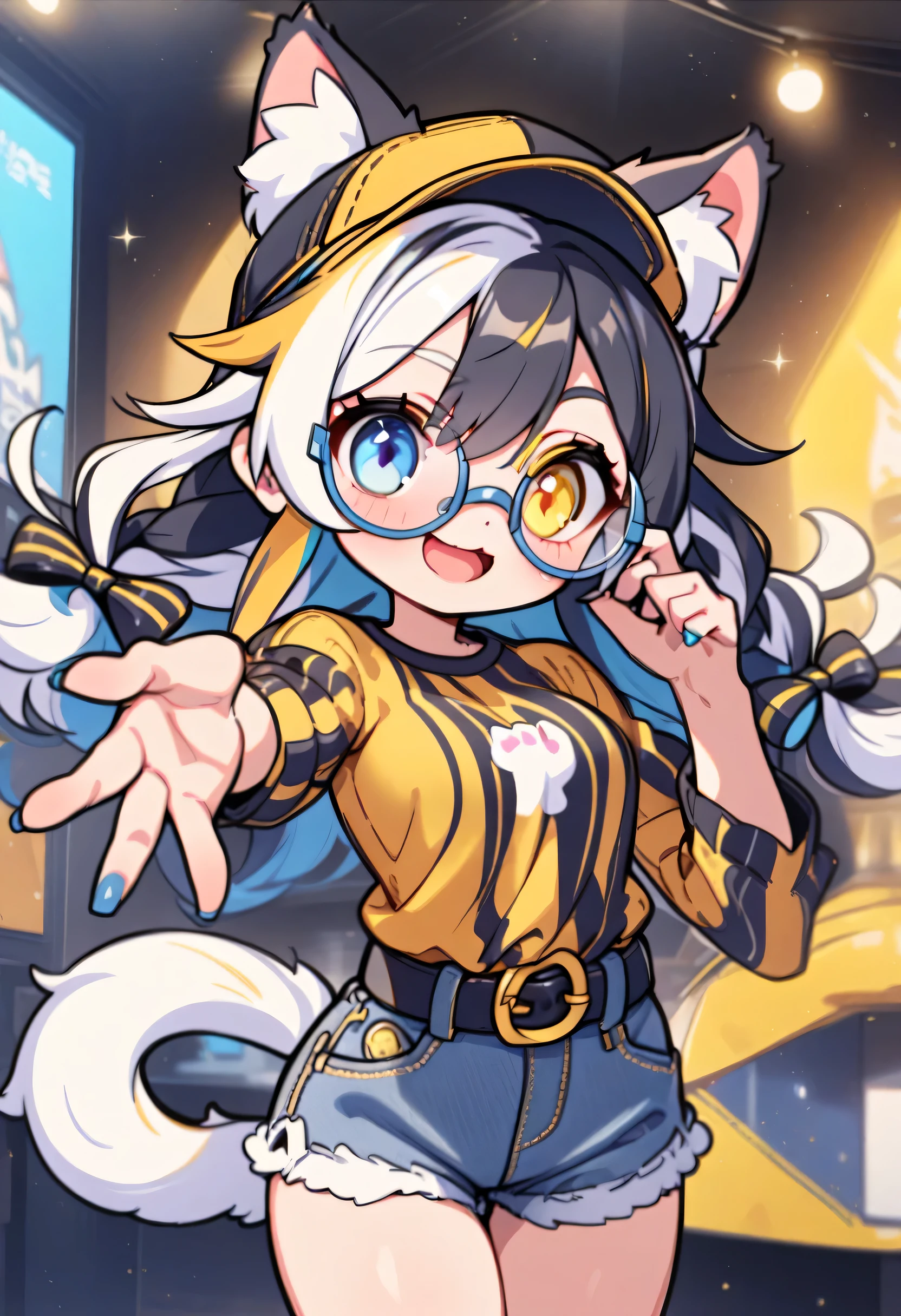 alone,1 girl, alone, long hair, looking at the audience, Smile, open mouth, Bangs, blue eyes, shirt, black hair, long sleeve, have, bow, Animal ears, permanent, Tail, yellow eyes, braid, white hair, hair bow, colorful hair, Cowboy shooting, Glasses, shorts, have条纹的, belt, cat ears, nail polish, twin braids, bicolor hair, cat Tail, animal ear hair, short shorts, black headdress, black bow, heterochromia, denim, catwoman, baseball cap, blue nails, denim shorts, have条纹的 shirt, round glasses