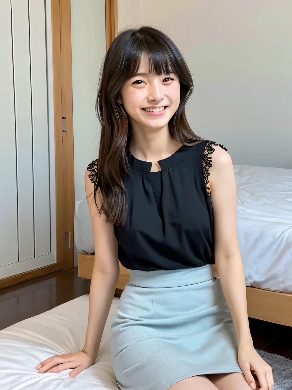(cute japanese girl), in the bedroom, sexy 18 year old girl, slender body, thin chest, skirt, blouse, thin thighs, fashionable hairstyles, laughter,