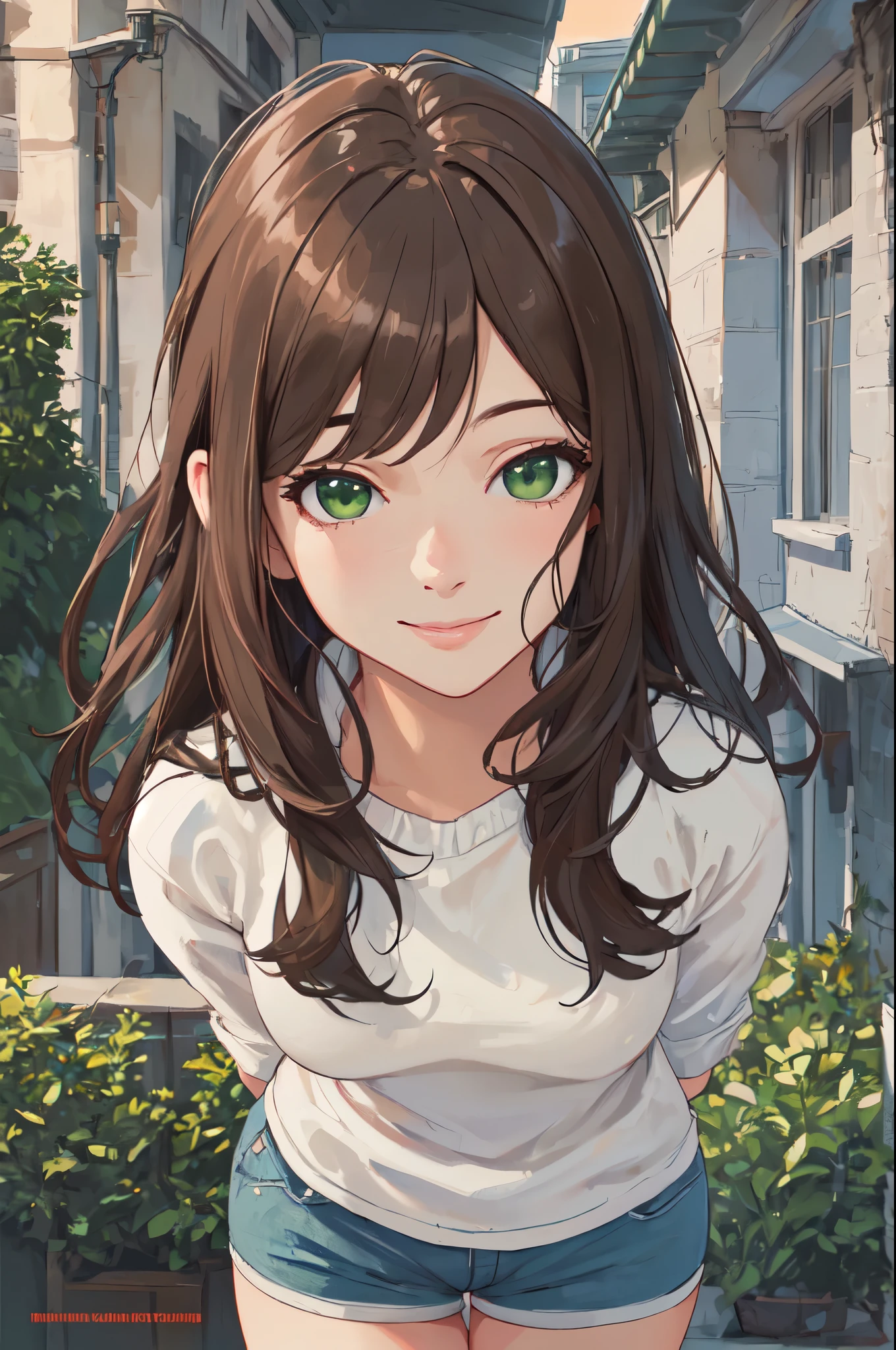 (best quality,ultra detailed,realistic),shorts,brown hair,green eyes,outdoor,arms behind back,excited,date,1girl,(erotic:1.1),(portrait:1.1),(landscape:1.1),(colorful lighting:1.1),emotive,romantic smile