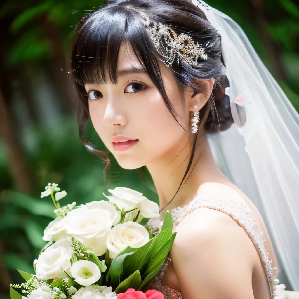 masterpiece:1.2, highest quality), realistic, (real picture, intricate details, Depth of the bounds written), (1 girl, alone), compensate, parted lips, very detailed, perfect face, (skin dents), thick thighs, wide hips, thin waist, expensive, shiny coral lips,, (Girl in a wedding dress with flowers in her hands )), sexy, blush, Mikasa from AOT