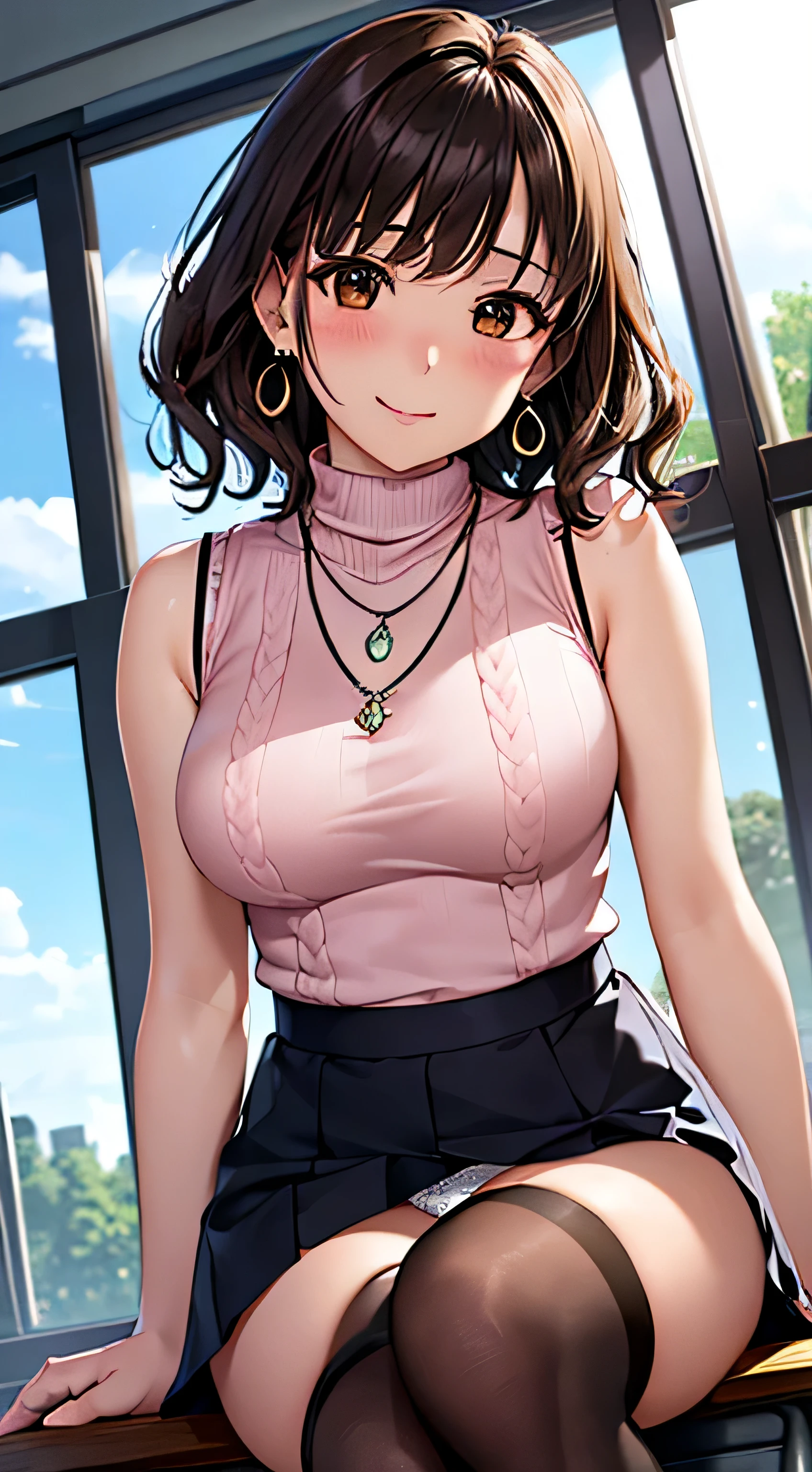 (table top, highest quality, High resolution, , perfect pixel, 4k,), 1 girl, single, alone, Beautiful woman、I could see the whole body、 ((wavy short hair, bangs, brown hair)), ((brown eyes, beautiful eyelashes, realistic eyes)), ((detailed face, blush:1.2)), ((smooth texture:0.75, realistic texture:0.65, realistic:1.1, Anime CG style)), medium breasts, dynamic angle, perfect body, ((, female teacher, , earrings、necklace、Sleeveless Turtleneck Sweater、flare skirt、black knee high stockings、open both legs wide、、shy smile、sit at a desk in the classroom、)), Upper 、、、evening、、(You can see the white and pink lace panties、、、angle from below)、