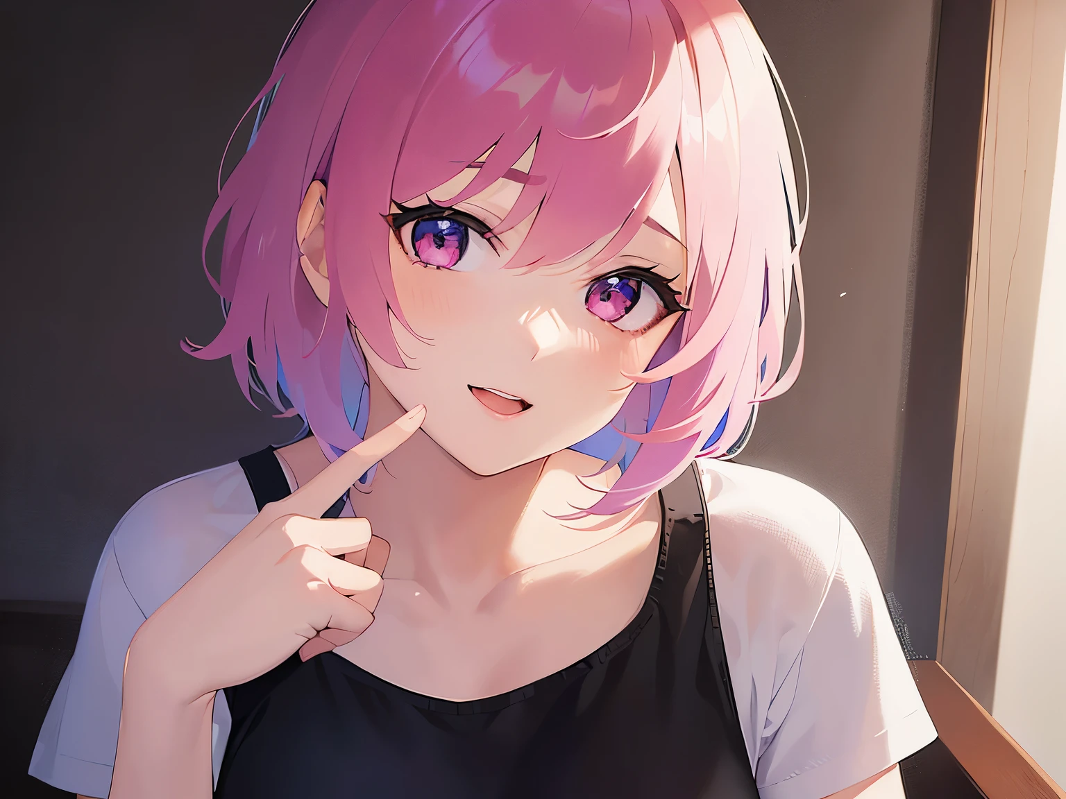 Pointing with finger、Upper body is shown、Realistic, real person, RAW photo, photorealistic, portrait photography, shiny skin, japanese idol、pink hair、bob cut hair with bangs、20 year old woman with pink eyes、smile, open mouth, Alone、(white:1.2) and (T-shirt) , The background is the living room、Are standing
