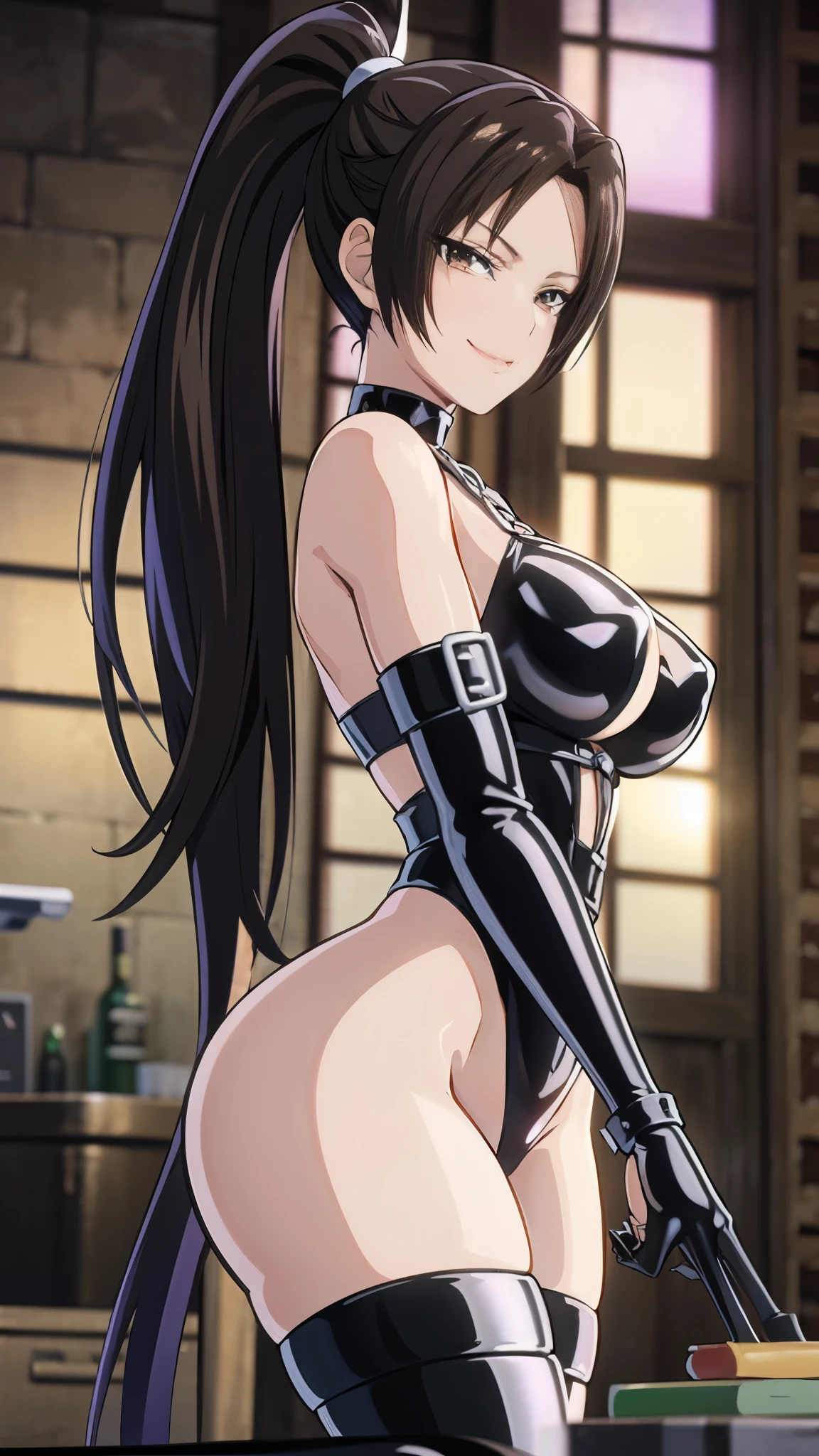 女性1 person、super detailed photos, full body image、standing depiction、(((black shiny latex bondage suit)))、(from below:1.3)、 brown hair, brown eyes, long and high ponytail, hair band, 1 person、25 years old, japanese mature, beautiful fingers, beautiful long legs, beautiful body, beautiful nose, beautiful character design, perfect eyes, perfect face, jewelry, See-through, looking at the viewer, hair ornaments, choker, shy, (smug:1.6)、king of fighters,(((Has a black super long whip:1.5)))、
(table top, highest qualityの, highest quality, beautiful and aesthetic: 1.2), very detailed, more detailed,proper body proportions,table top,Ultra high quality output image,High resolution,intricate details,very delicate and beautiful hair,realistic pictures,dream-like,professional lighting,realistic shadow,focus only,sexy pose,
(big breasts:1.2,) , floating skirt,
Stiletto knee high long boots、anime one、from below、(((depiction of prison)))、(((close your mouth)))