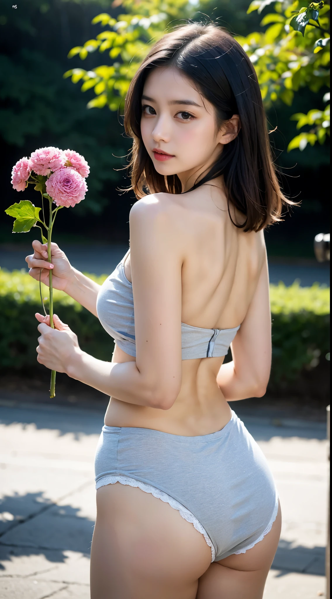 masterpiece, highest quality, highest quality, official art, beautiful and aesthetic:1.2),1 girl, alone, Barely、return、butt、 hair ornaments, unsheathing, black hair, sheath, return 青い目, bare shoulders, think return, from behind, flower, looking at the viewer, holding, Makeup, outdoor,