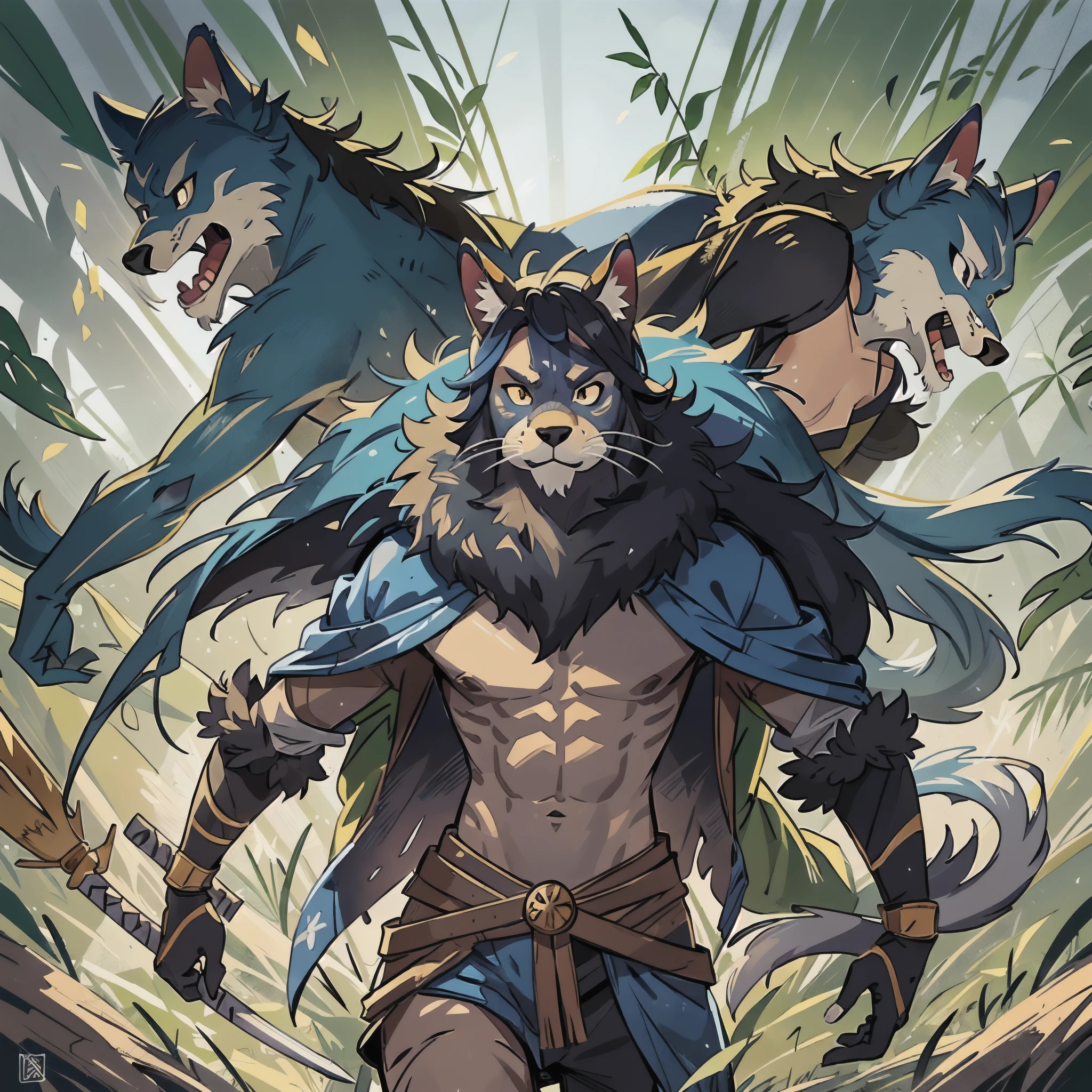 Top quality ultra-fine illustrations, movie posters, Zatoichi, Blind Swordsman (bamboo forest, dark night with beautiful full moon, rays of light through bamboo, backlighting, Tyndall phenomenon) (beautiful face and eyes, down to the details) Absurd perfect anatomy ((Beastman))) (furry, pairs, boy with girls on his back, Japan kimono, ninja, sword with blue flames, battle duels, concentration lines) ( Furry Antro: 1.7) ((((((Furry body, animal facial features, animal body features)))) (((((Highly detailed fur on the muzzle of the animal))))) full body, sturdy look, shouting, combat regime (dynamic pose),