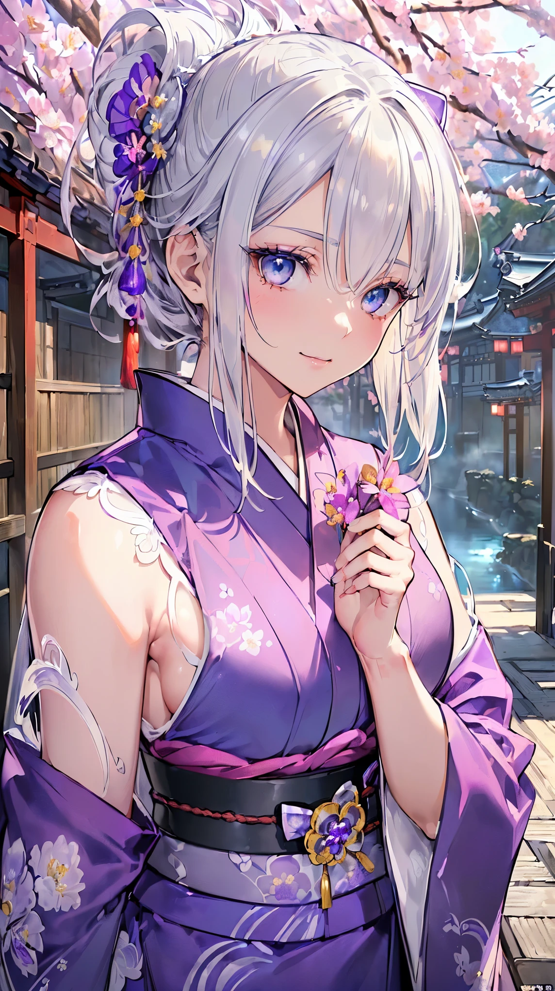 (((masterpiece))), (((highest quality))), ((ultra-detailed)), ((super fine illustration)), ((ultra-fine painting)), (16K highest quality wallpaper:1.4), (upper body:1.6), HDR, (Highly detailed and delicate illustration style:1.8), detailed skin texture, detailed cloth texture, extreme detailed description, (T-masterpiece), (Highly detailed face:1.2), (highly detailed silver fox ears:1.2), (highly detailed silver half updo:1.2), (highly detailed beautiful eyes:1.2), (highly detailed silver nine tails:1.2), Original, RAW photo, Professional, intricate details, super details, direct light:1.6, (Perfect anatomy:1.4), (highly detailed hands:1.2), (highly detailed fingers:1.2), (highly detailed fingertips:1.2), (27-years-old), real, (solo:1.6), (A very beautiful and attractive silver fox fashion model wearing a bright purple kimono with a flower pattern:1.4) BRAKE (beautiful and adorable silver fox ears:1.6), (highly detailed and delicate silver fox ears:1.4), (beautiful and adorable silver fox nine tails:1.2), (highly detailed and delicate silver fox nine tails:1.2), (beautiful and well-shaped big breasts:1.2), (beautiful and well-shaped buttocks), (beautiful and shiny silver half updo:1.6), (highly detailed and delicate silver half updo:1.2), (beautiful clear blue eyes that shine with great detail:1.6), (highly detailed and delicate blue eyes:1.2), (Highly detailed face:1.4), (smile:1.3), (blush:1.2), (looking at viewer:1.4) BRAKE ((Bright purple:1.3) kimono with flower pattern:1.4), (Japanese traditional costume:1.2) BRAKE (Highly detailed and beautiful streets of Japan's famous hot spring town just after noon in spring in the background:1.6), Highly beautiful in the sunny sky background just after noon:1.4 BRAKE