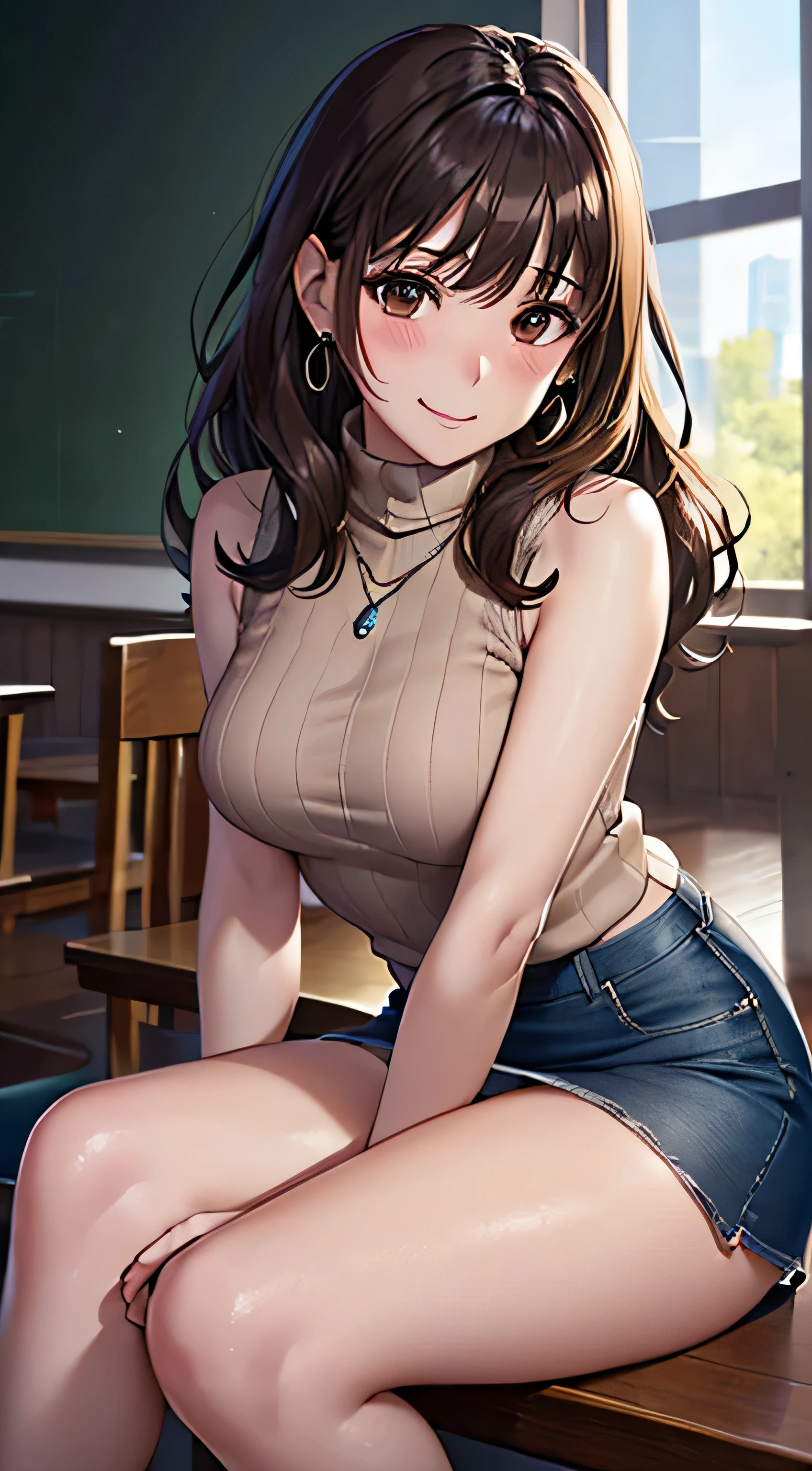 (Tabletop, highest quality, High resolution, , Perfect Pixel, 4K,), 1 girl, single, alone, Beautiful woman、I could see the whole body、 ((Wavy mid-length hair, bangs, Brown Hair)), ((Brown eyes, Beautiful eyelashes, Realistic eyes)), ((Detailed face, blush:1.2)), ((Smooth texture:0.75, Realistic texture:0.65, Realistic:1.1, Anime CG Style)), Medium chest, Dynamic Angle, Perfect body, ((, female teacher, , Earrings、necklace、Beige sleeveless turtleneck sweater、denim tight mini skirt、Black knee-high stockings、、、A shy smile、sit at a desk in the classroom、Touch your breasts with both hands)), Superior、、、evening、、(、、、Angle from below)、