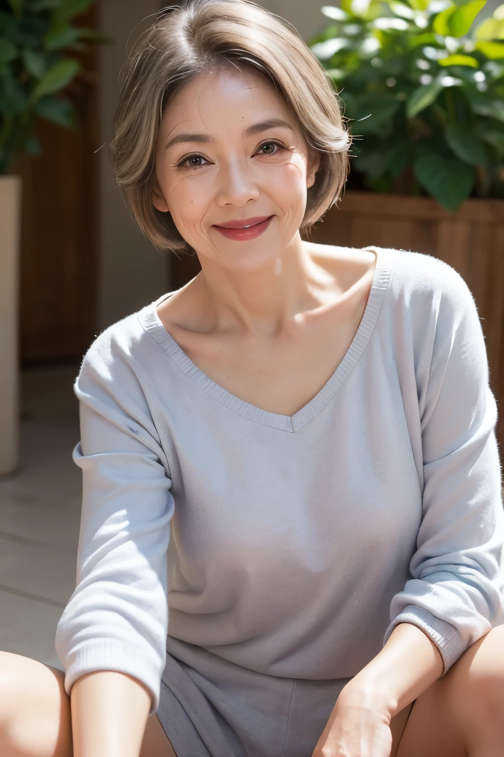 60 year old woman、(((facial wrinkles:1.2)))、beautiful woman、smile、spread legs、cute clothes,