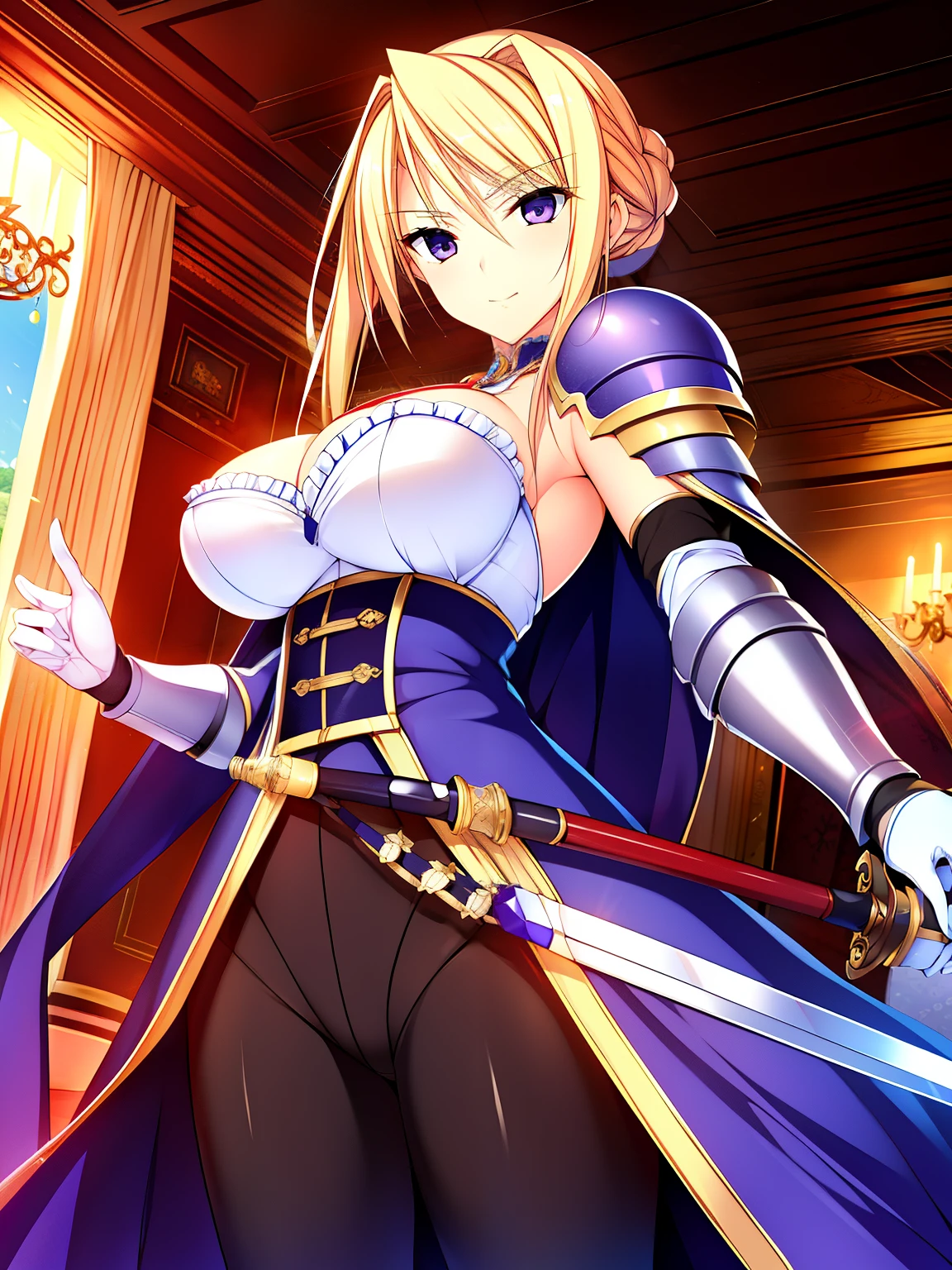 Princess rubber、sylvia=van hossen filmish、A family of nobles and knights in the principality.。purple dress、blue costume、red cloak、white gloves、belt、Shoulder armor、Armor、blonde、hair between eyes、purple eyes、Dango、1 girl、20-year-old、young woman、beautiful指、beautiful長い脚、beautiful体、beautiful鼻、beautifulキャラクターデザイン、perfect eyes、perfect face、expressive eyes、perfect balance、look at the viewer、(focus on face)、closed mouth、(innocent_big_eyes:1.0)、Light_Smile、official art、Highly detailed CG Unity 8K wallpaper、perfect writing、colorful、bright front lighting、shiny skin、(masterpiece:1.0)、(highest quality:1.0)、超High resolution、4K、Super detailed、photograph、8K、HDR、High resolution、disorganized:1.2、Kodak portra 400、film grain、background blur、Bokeh:1.2、Lens flare、(Bright colors:1.2)、プロのphotograph、(beautiful、big breasts:1.4)、(beautiful顔:1.5)、(thin waist)、He was so proud of himself as a knight that he always brought the sword given to him by the emperor in public.、He is clean and strict beyond being serious.。Teppei Arima and I were married by a mutual agreement between our parents.、Although I don't hate him、I'm against the fact that the engagement was decided without my permission.。