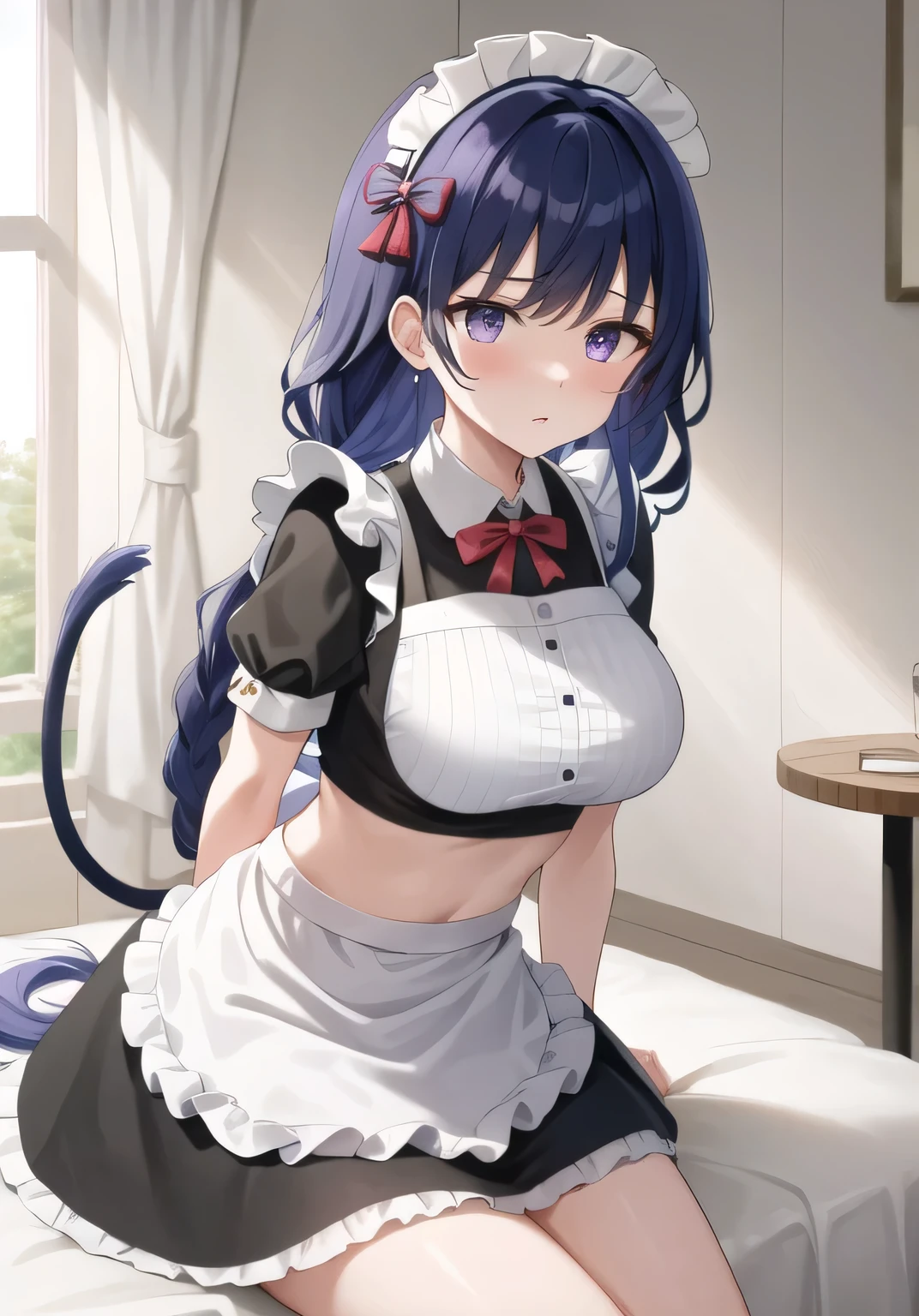 (masterpiece, best quality, super detailed), General Thunder \(Genshin Impact\), (#41433 colored hair), double tail, long hair, Scan your bangs, braid, braided bangs, purple eyes,,
(Conservative maid outfit in cafe：1.2), Sitting on hotel bed，black stockings,
big breasts,,Put your arms behind your back, Shyness and red face, crop top, Strong and seductive expression,,
