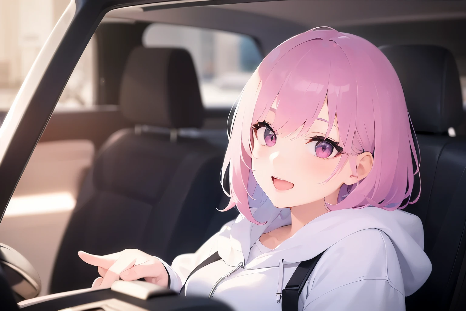Upper body is shown、Realistic, real person, RAW photo, photorealistic, portrait photography, shiny skin, japanese idol、pink hair、bob cut hair with bangs、20 year old woman with pink eyes、smile, open mouth, Alone、(white:1.2) and (hoodie) , Car in the background、sitting