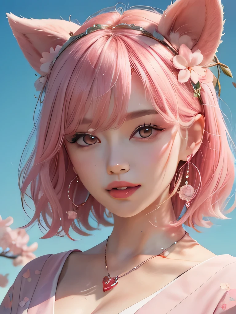 she is the cherry blossom spirit、pink eyes、pink hair、close up of face、pink eyebrows、pink teeth、pink fang、big ears、cherry blossom hair ornament、cherry blossom necklace、Cherry earrings、beautiful clavicle、short bob、deep pink eyes、pink kimono showing collarbone、cherry blossom fairy、wing、cherry blossom background、blue sky background、red eyes、Cherry Headband、she is a pink fairy、妖精のwing根、smile、