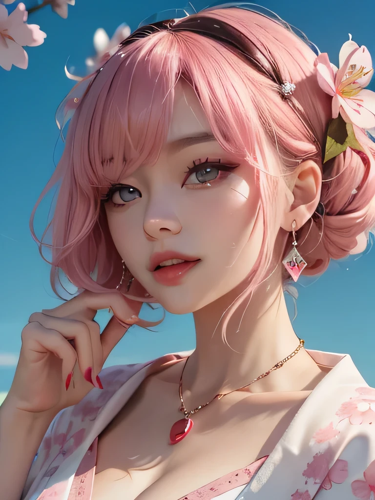 she is the cherry blossom spirit、pink eyes、pink hair、close up of face、pink eyebrows、pink teeth、pink fang、big ears、cherry blossom hair ornament、cherry blossom necklace、Cherry earrings、beautiful clavicle、short bob、deep pink eyes、pink kimono showing collarbone、cherry blossom fairy、wing、cherry blossom background、blue sky background、red eyes、Cherry Headband、she is a pink fairy、妖精のwing根、smile、