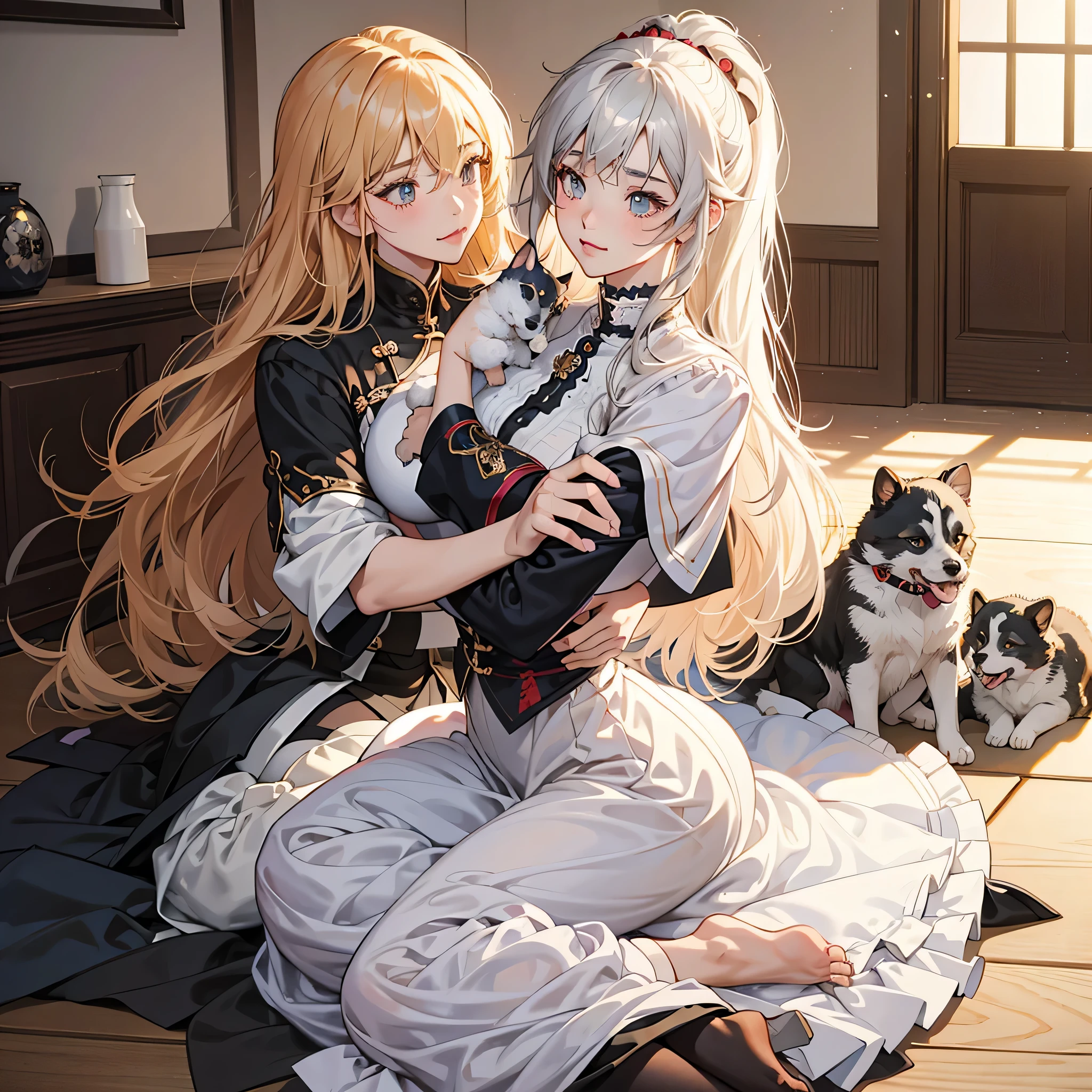 anime girl holding a puppy in her arms with other puppy, with puppy, guweiz It's Pixiv artstation, Gurwitz style artwork, guweiz, guweiz on artstatiIt's Pixiv, puppy, Murata and artgerm series, Ilya Kuvshinov long hair, It's Pixiv, puppy,white silk,skirt