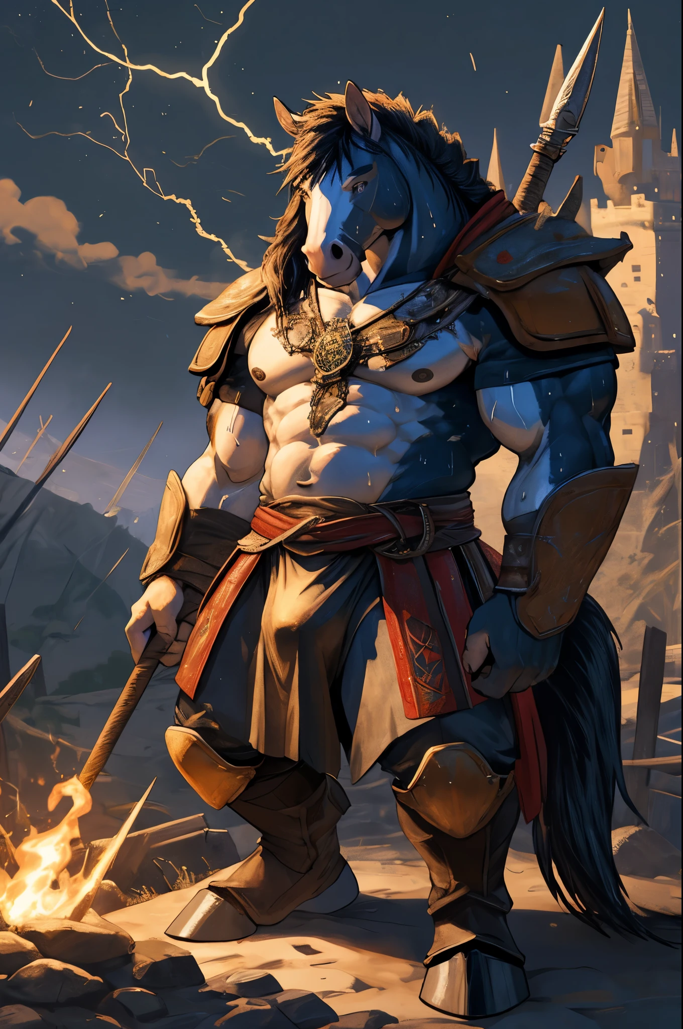 (dynamic angle)top quality, high-quality illustrations, the beautiful depiction of light seen in Vermeer's works, the intricate portrayal of muscles found in Michelangelo's works, Landscapes inspired by biblical themes depicted by Leonardo da Vinci, Chiaroscuro, masterpiece, dark fantasy, castle, gatekeeper, absurdres, Perfect Anatomy((kemono, beastman, solo focus, bulge in the crotch))(Anthro)((horse facial features, horse body features))(detailed muscles))full body(Fighting Pose) Armor, Spear, Medieval Warrior, (dense sweat:1.4), casting lightning, electricity, swirling fire, radiating power, sparks, smoke, magic, ((dramatic)), epic, battlefield, depth of field, bokeh, 4k, gothic, ember, particles,