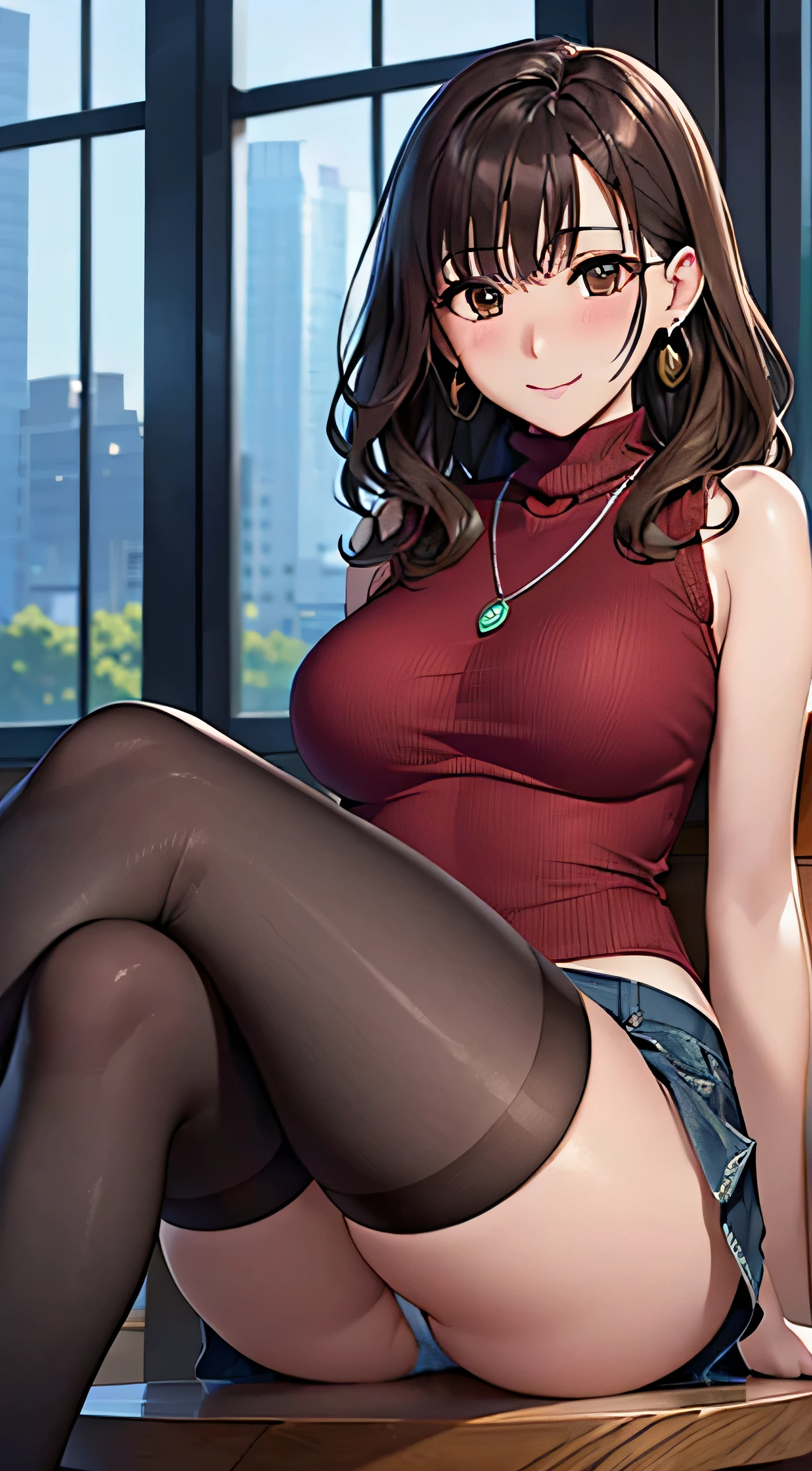 (table top, highest quality, High resolution, , perfect pixel, 4k,), 1 girl, single, alone, Beautiful woman、I could see the whole body、 ((wavy mid-length hair, bangs, brown hair)), ((brown eyes, beautiful eyelashes, realistic eyes)), ((detailed face, blush:1.2)), ((smooth texture:0.75, realistic texture:0.65, realistic:1.1, Anime CG style)), medium breasts, dynamic angle, perfect body, ((, female teacher, , earrings、necklace、Sleeveless Turtleneck Sweater、、black knee high stockings、((open both legs wide、open both knees))、Tight denim skirt、shy smile、Sitting at the pulpit、emphasize the chest、provocative pose、)), Upper grade、、、evening、、(You can see the blue and white lace panties、、(、)、)、