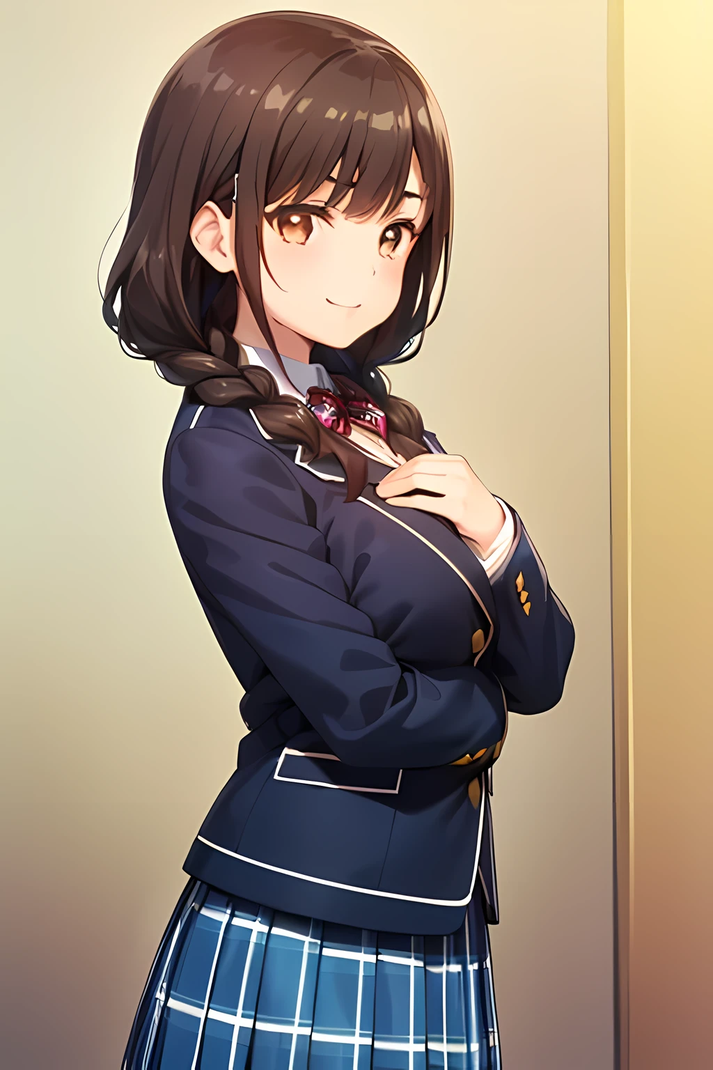 ((masterpiece, highest quality, High resolution, UHD, perfect pixel, written boundary depth, 4k, RTX, HDR))), 1 girl, 15 years old, anime character, ((dark brown hair:2.0, curly curly bangs:1.5, Dark brown tightly braided hairstyle:1.8, hairpin)), ((brown eyes:1.4, big girly eyes, pupil, beautiful eyelashes, realistic eyes, droopy eyes, 優しく微笑むpupil, thin downward eyebrows)), ((detailed face)), ((smooth texture:1.2, Anime CG style)), Because I&#39;m slender,small breasts, Smile, ((((Green school blazer with elegant emblem))), ((my chest is very big、dark blue big big school butterfly ribbon)), very shiny hair、The corners of the eyes are drooping, ((((Green & Navy color tartan check middle long skirt)))), ((A gentle and cute expression staring at the viewer)), ((the skirt is very cute)), (((shot from the side))), white background