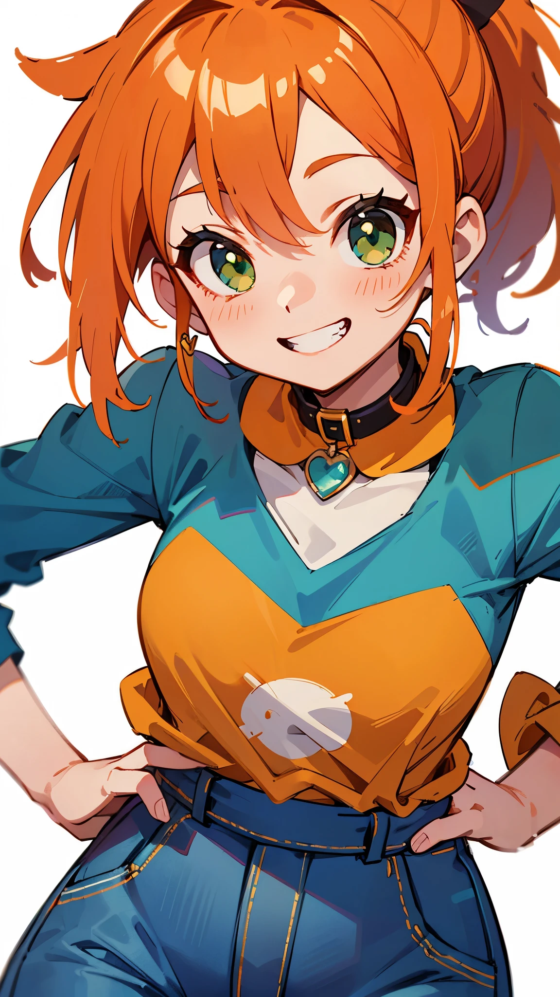1 girl、orange hair、ponytail、green eyes、Blue-collar shirt、skinny denim pants、(thin waist: 1.15)、shiny skin、grin、upper body close-up