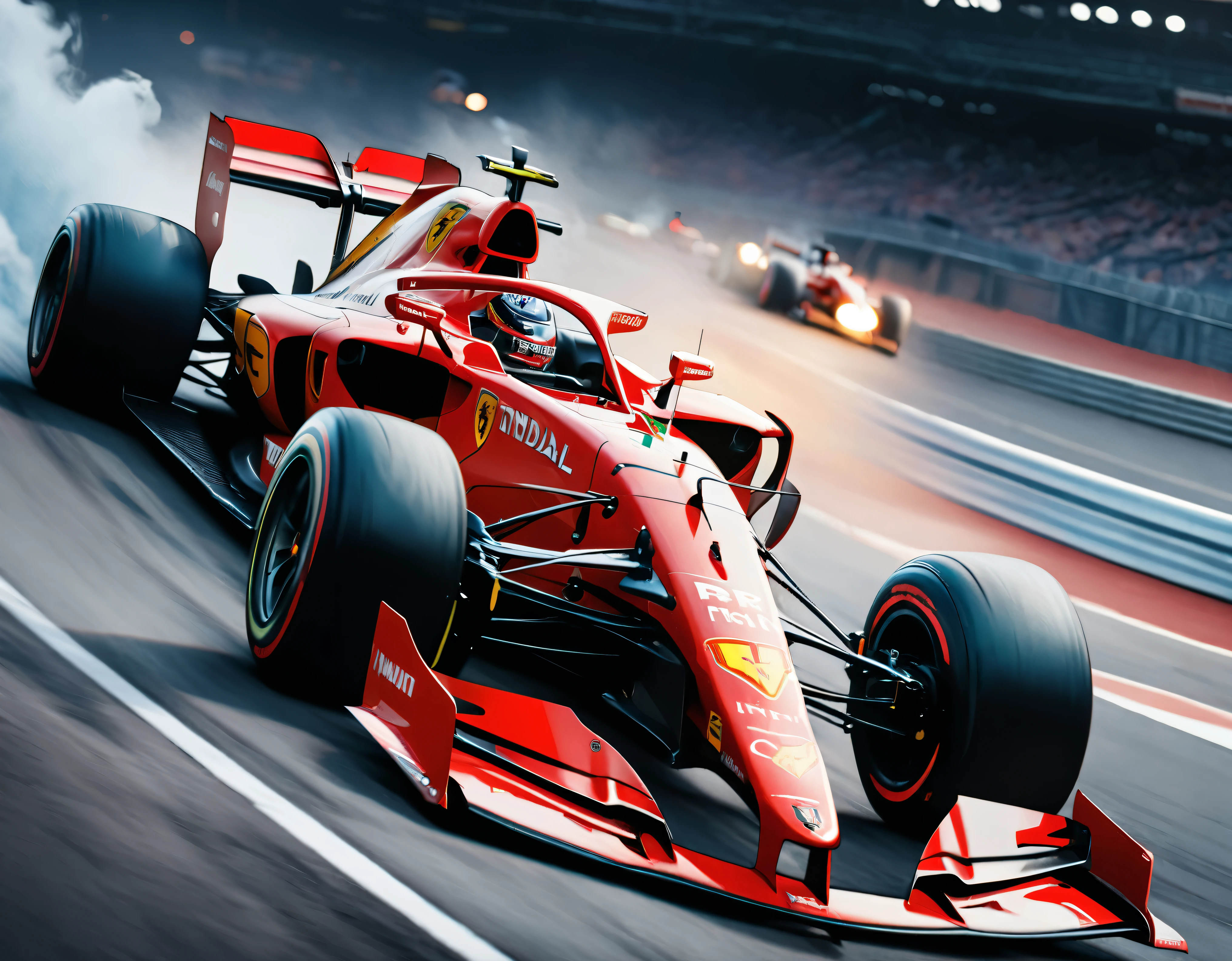 ((Masterpiece in maximum 16K resolution):1.6),((soft_color_photograpy:)1.5), ((Ultra-Detailed):1.4),((Movie-like still images and dynamic angles):1.3). | (Cinematic photo of an speeding Ferrari Formula 1), (cinematic lens), ((tyndall effect):1.1), (race track light), (smoke), (formula 1), (Night at Race Track), (sense of speed), (shimmer), (visual experience), (Realism), (Realistic), award-winning graphics, dark shot, film grain, extremely detailed, Digital Art, rtx, Unreal Engine, scene concept anti glare effect, All captured with sharp focus.

Rendered in ultra-high definition with UHD and retina quality, this masterpiece ensures anatomical correctness and textured skin with super detail. With a focus on high quality and accuracy, this award-winning portrayal captures every nuance in stunning 16k resolution, immersing viewers in its lifelike depiction. Avoid extreme angles or exaggerated expressions to maintain realism.