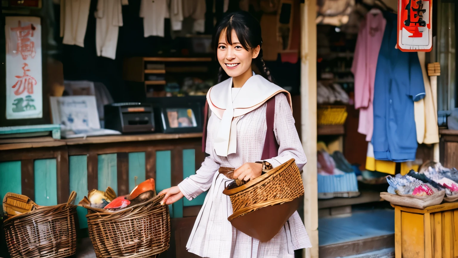 A Japanese young poverty poor woman form as flying fox bat as radio goes to a fish shop in a slum broken new shopping market to buying a fish. She carries a wicker basket in young his hand and tells the calico long-sleeve shirts wearing male clerk what he wants while looking at the note. She is wearing a winter silk sailor style, square, school run with a collar. braid bunches hair. 1958. color slide film.

