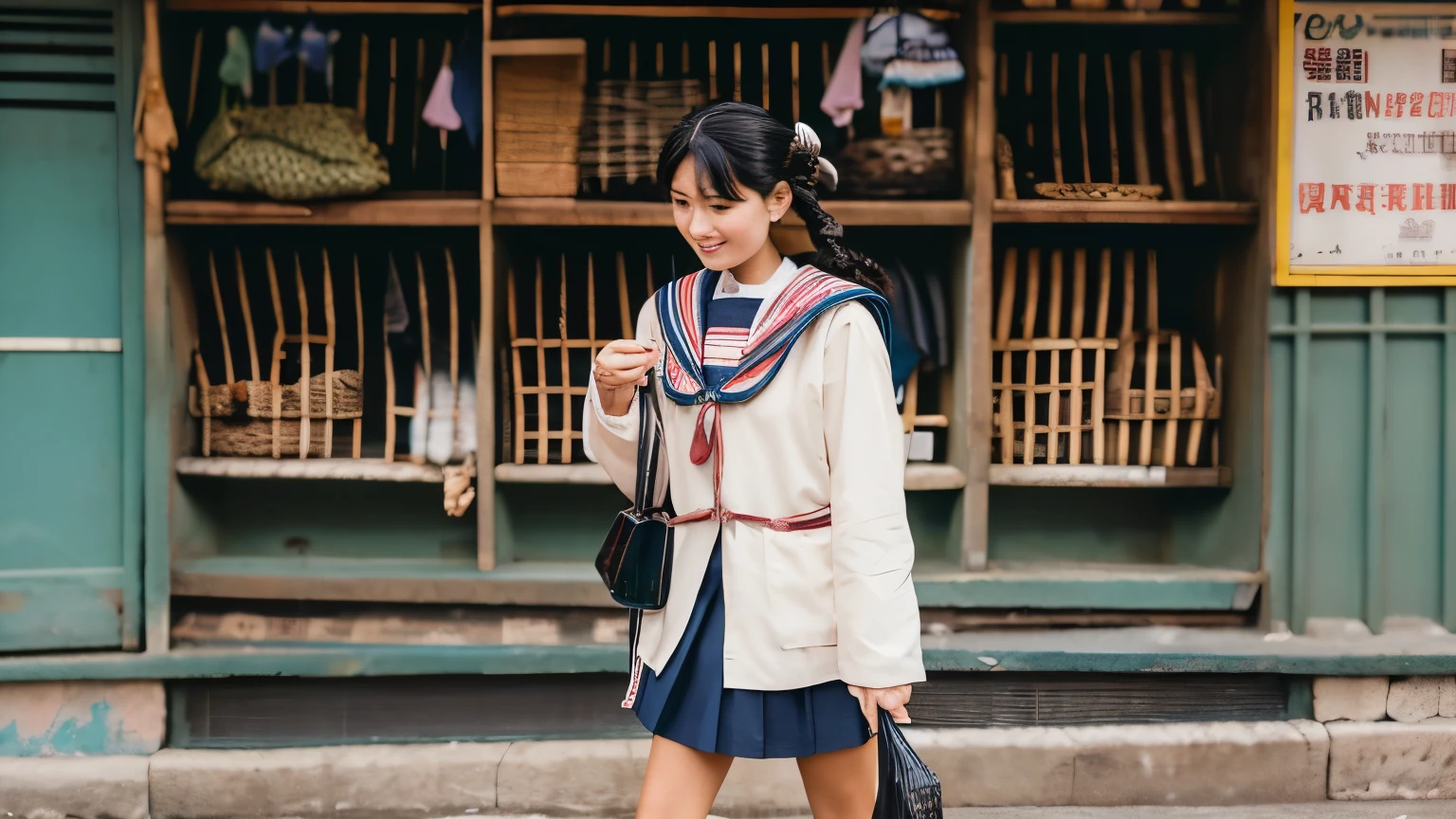 A Japanese young poverty poor woman form as flying fox bat as radio goes to a fish shop in a slum broken new shopping market to buying a fish. She carries a wicker basket in young his hand and tells the calico long-sleeve shirts wearing male clerk what he wants while looking at the note. She is wearing a winter silk sailor style, square, school run with a collar. braid bunches hair. 1958. color slide film.

